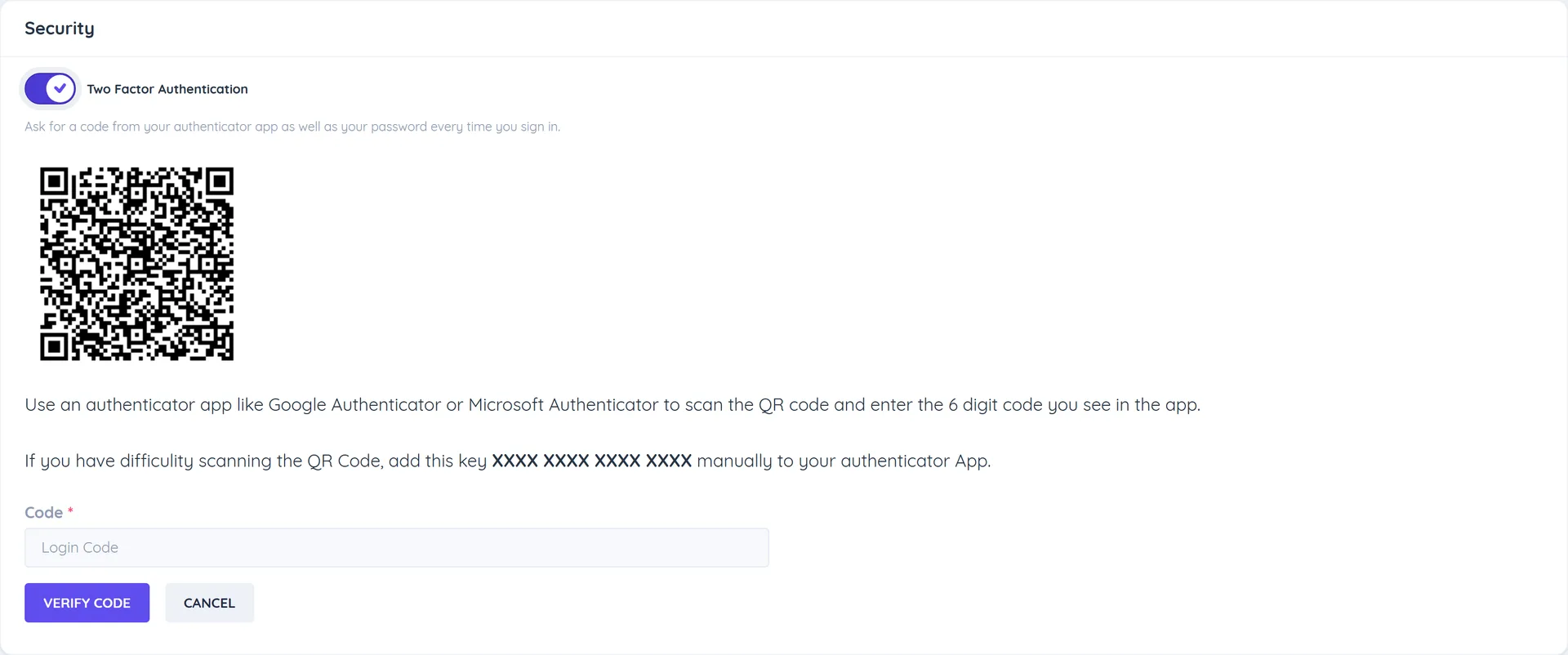 Account Security with Two Factor Authentication switched on, the QR code, the setup key and the Code field with the Verify Code button