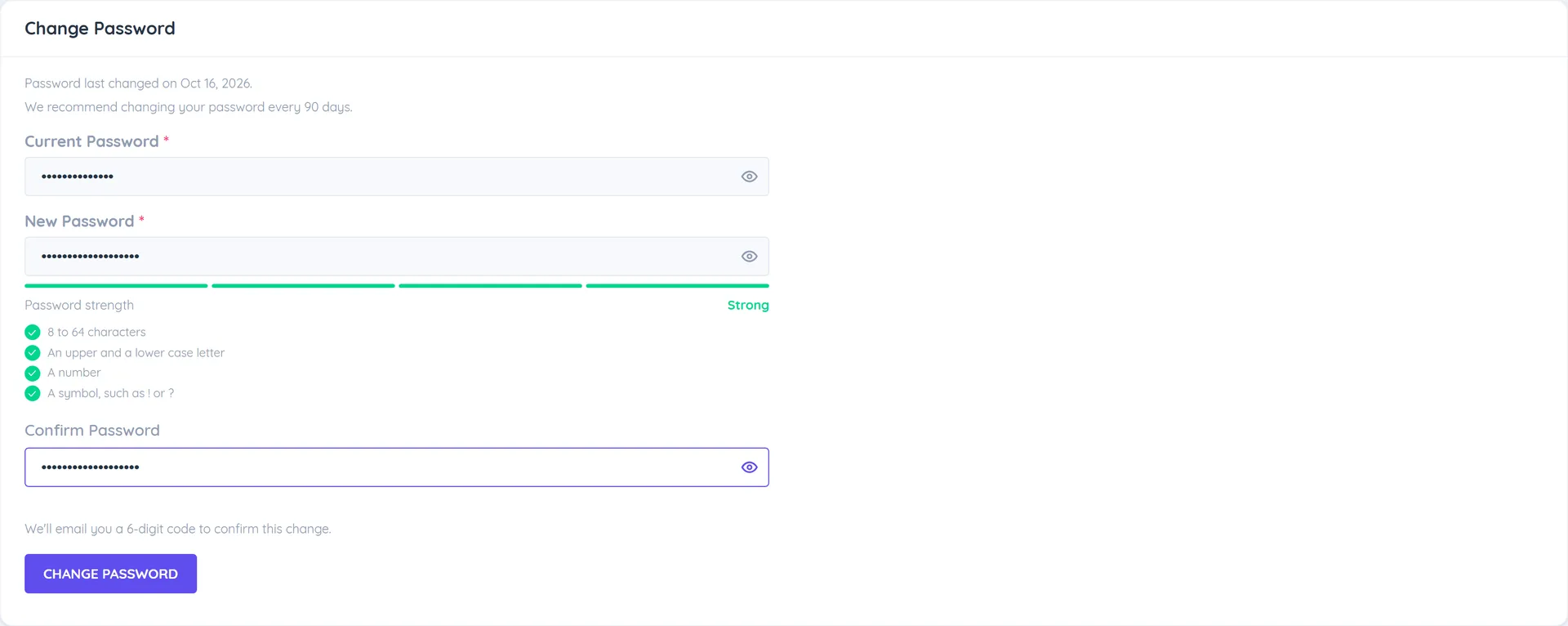 The Change Password section of Account Security with Current Password, New Password and Confirm Password fields and the Change Password button