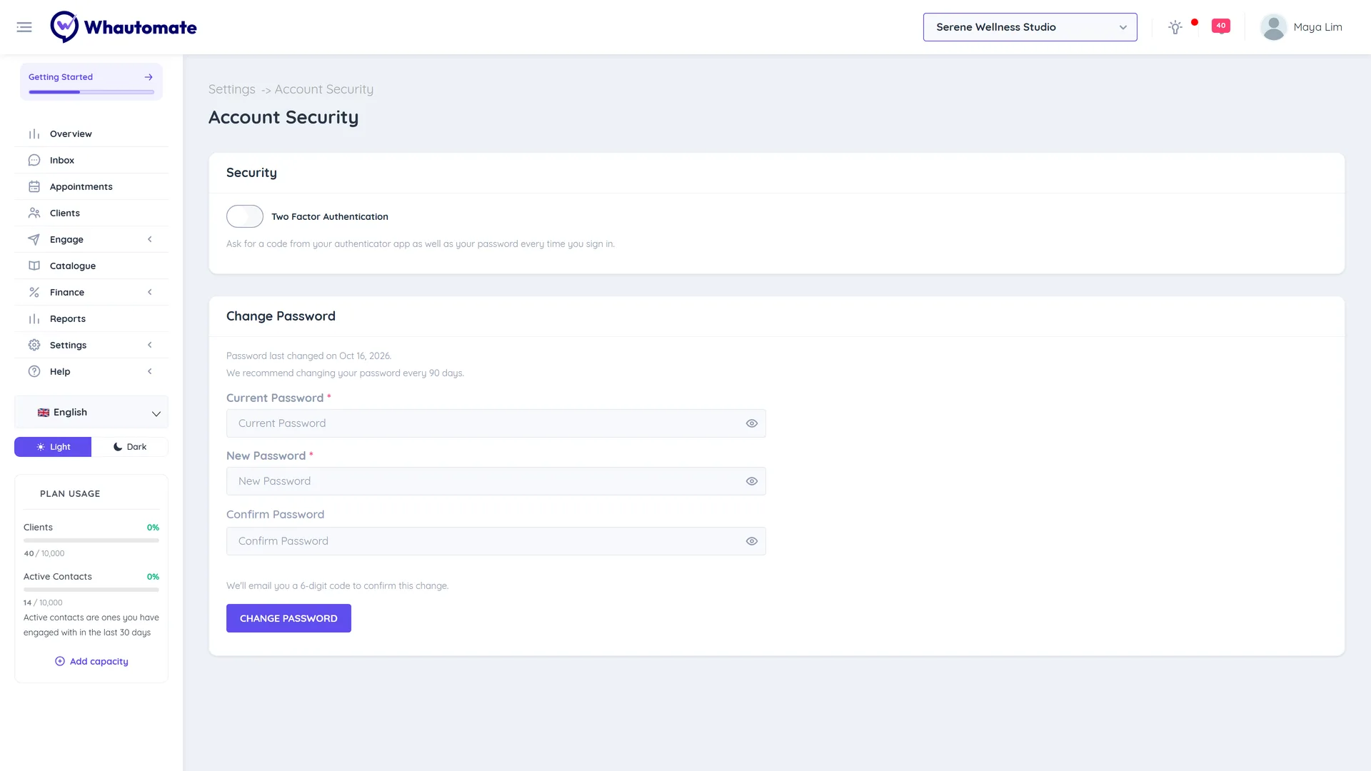 The Account Security screen with the Security card for Two Factor Authentication and the Change Password card showing when the password was last changed