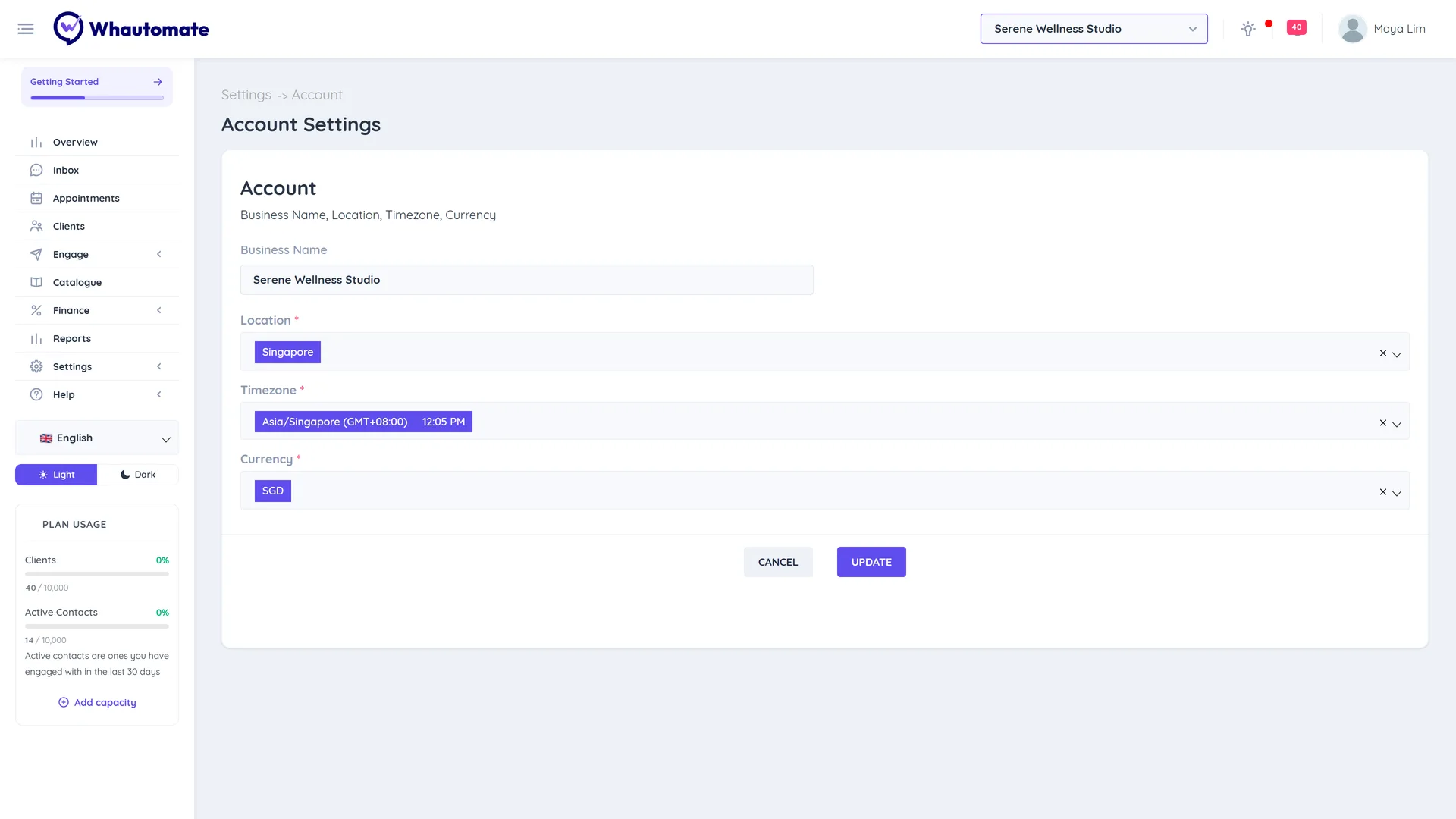 The Account Settings page with Business Name, Location, Timezone and Currency fields and the Update button