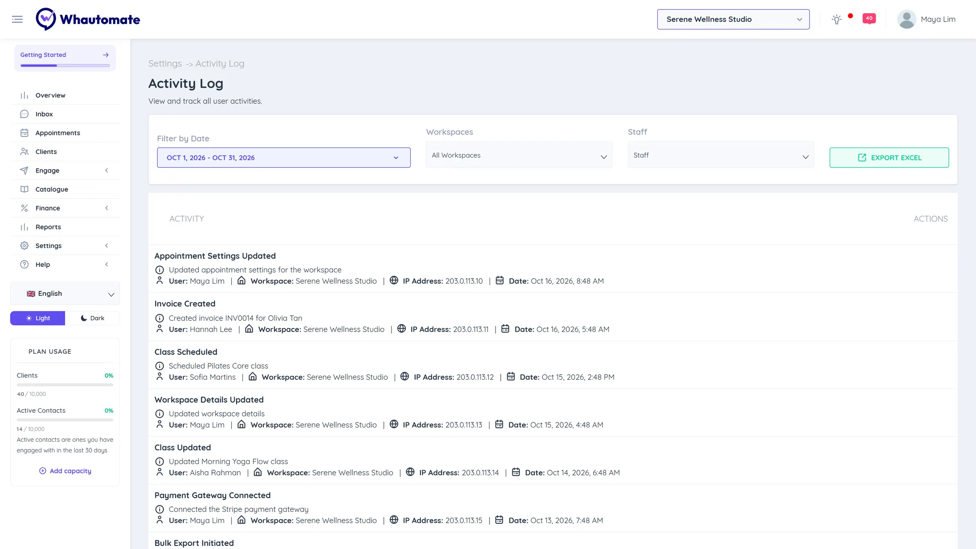 The Activity Log with the date range, Workspaces and Staff filters and a list of activities showing the user, workspace, IP address and date
