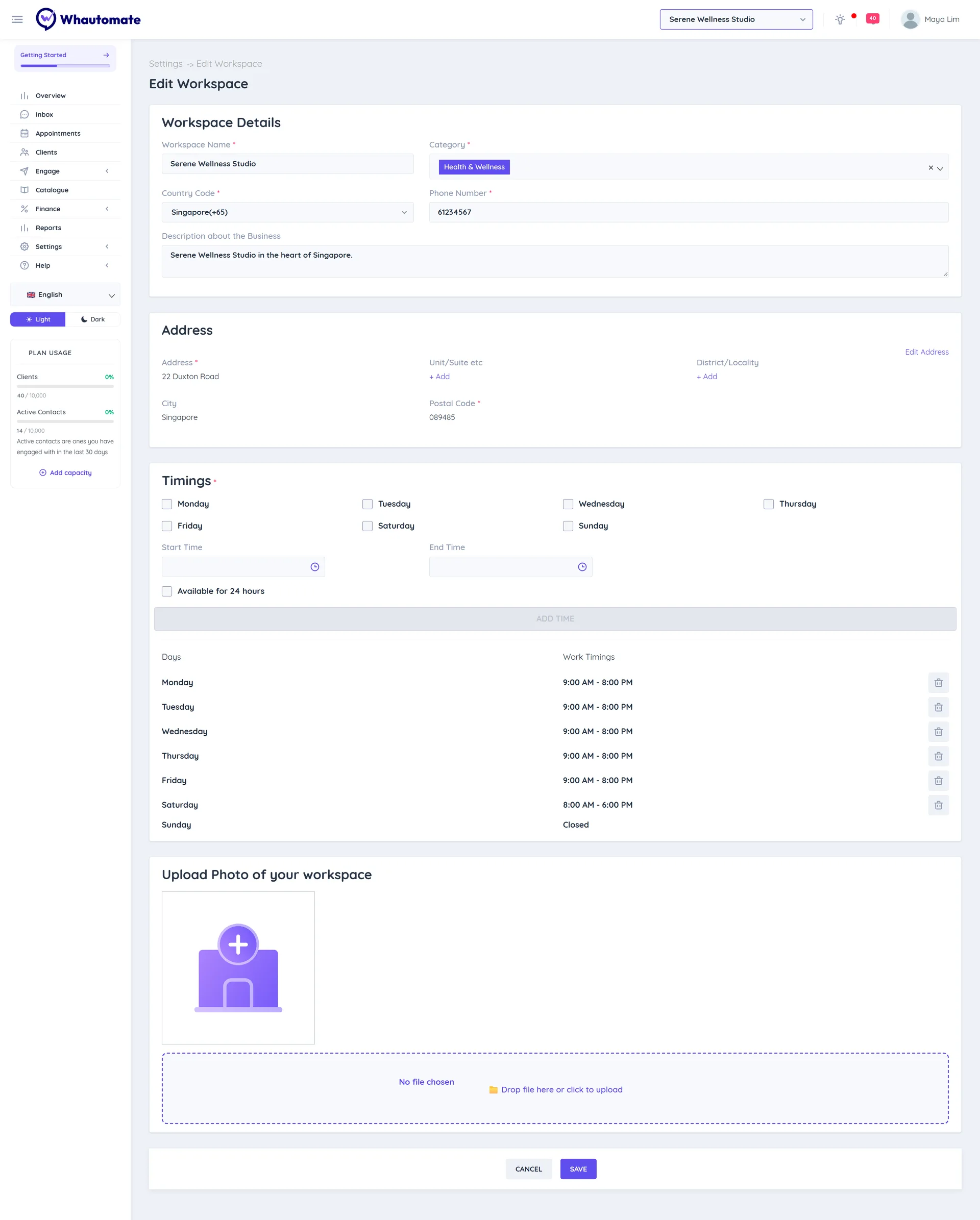 The Edit Workspace page with Workspace Details, the address and the Timings table for Monday to Sunday