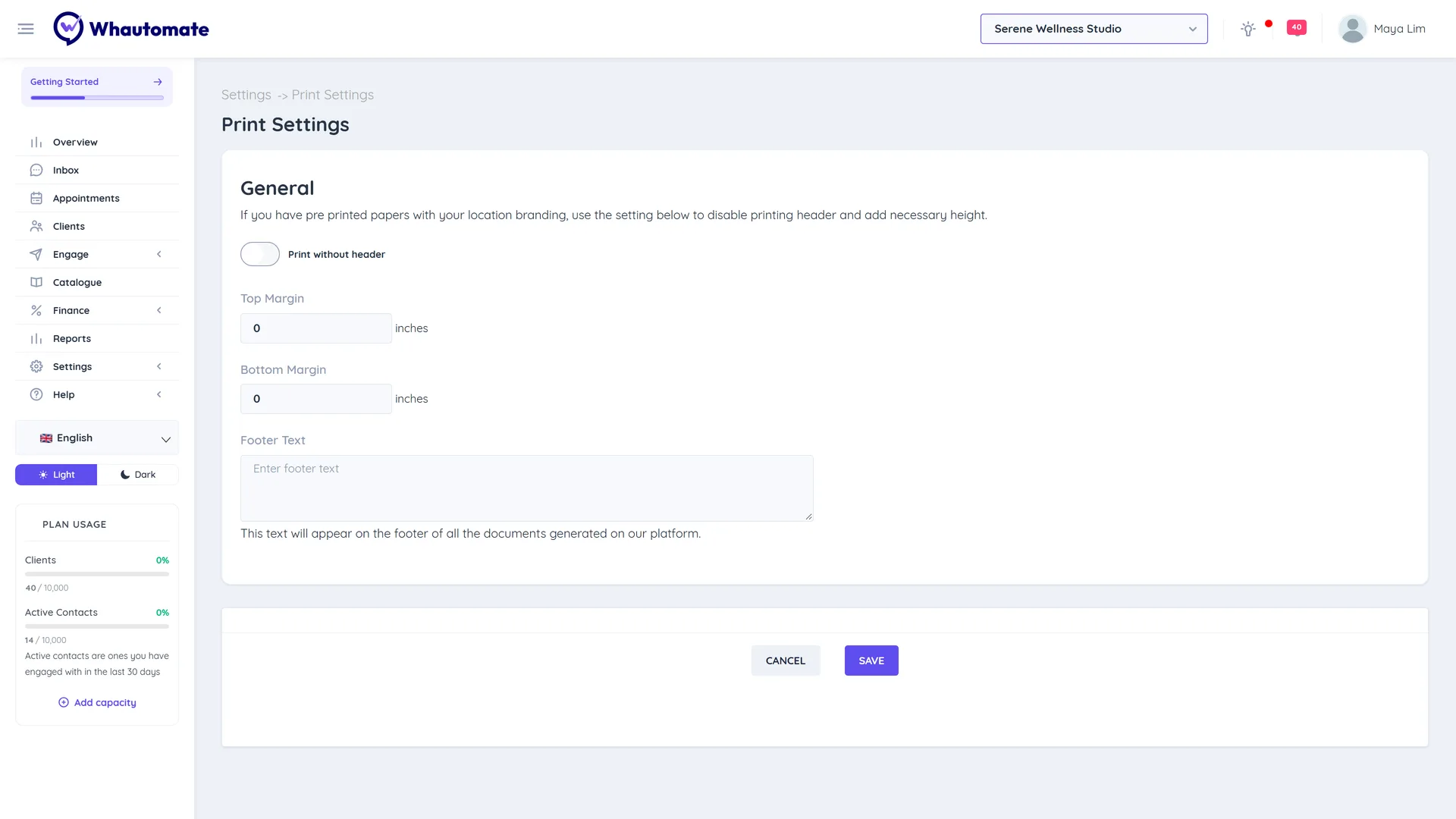 The Print Settings page with the Print without header toggle, Top Margin and Bottom Margin in inches and the Footer Text field