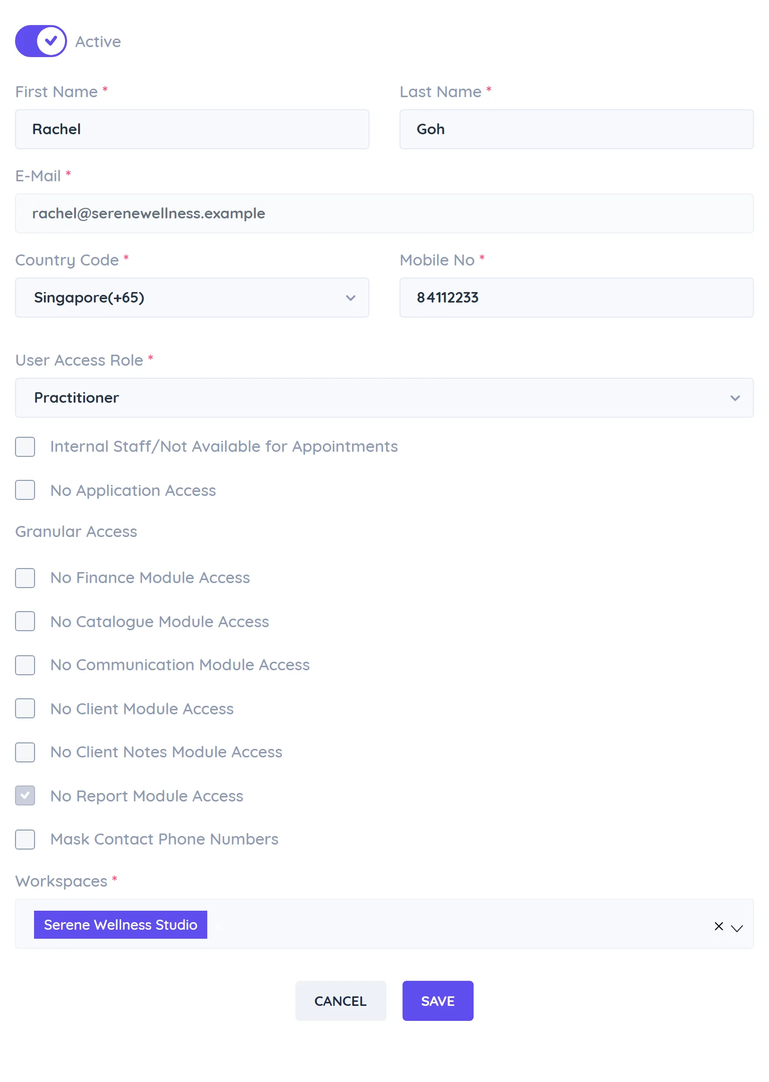 The Granular Access checkboxes in the team member form: No Finance Module Access, No Catalogue Module Access, No Communication Module Access, No Client Module Access, No Client Notes Module Access, No Report Module Access and Mask Contact Phone Numbers