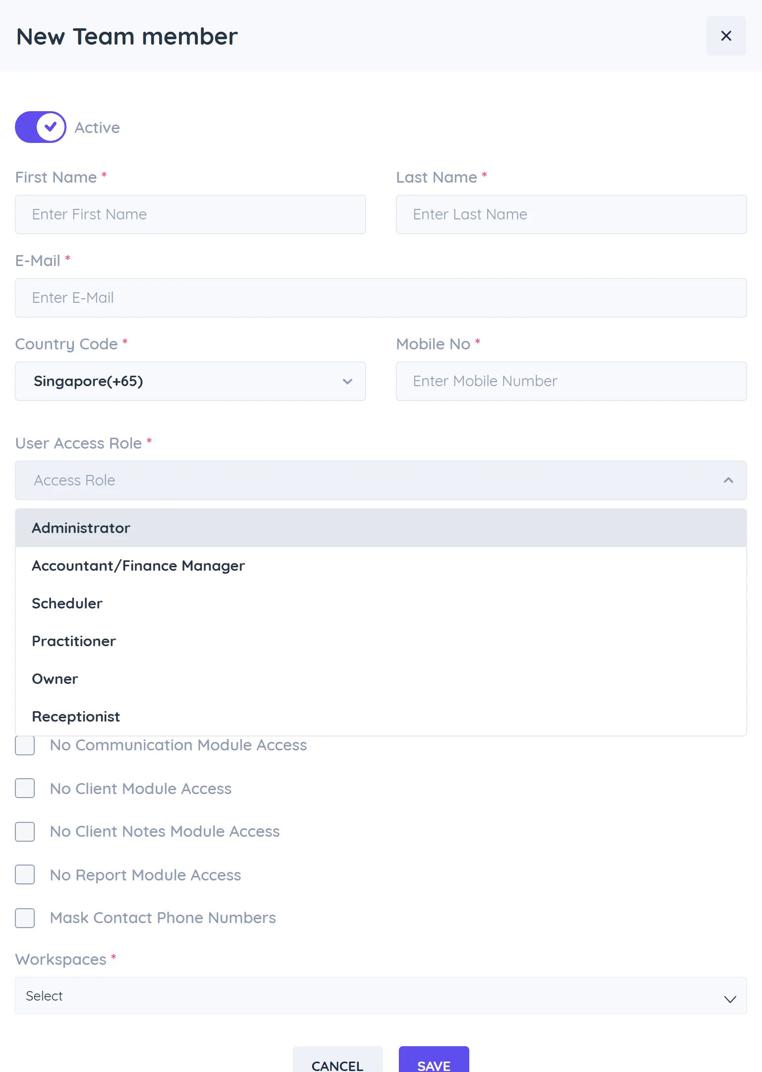 The User Access Role dropdown open in the team member form, listing the six roles