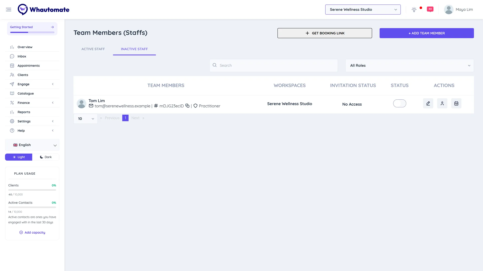 The Inactive Staff tab with a switched-off team member and the STATUS toggle off