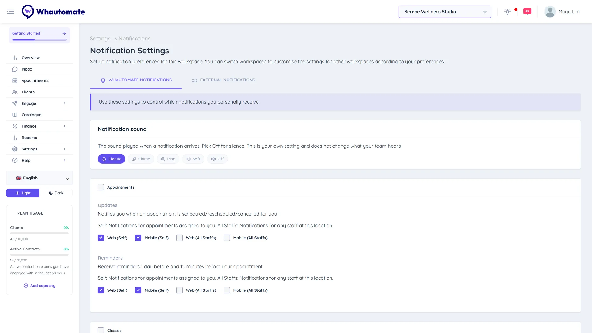 The Notification Settings page on the Whautomate Notifications tab with the Notification sound choices and the Appointments alerts with Web and Mobile checkboxes for Self and All Staffs