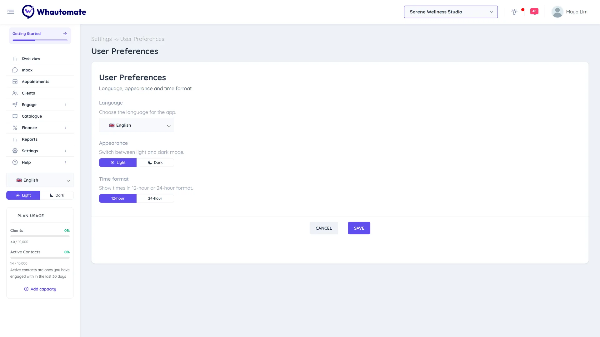 The User Preferences page with the Language selector, the Light and Dark appearance buttons and the 12-hour and 24-hour time format buttons