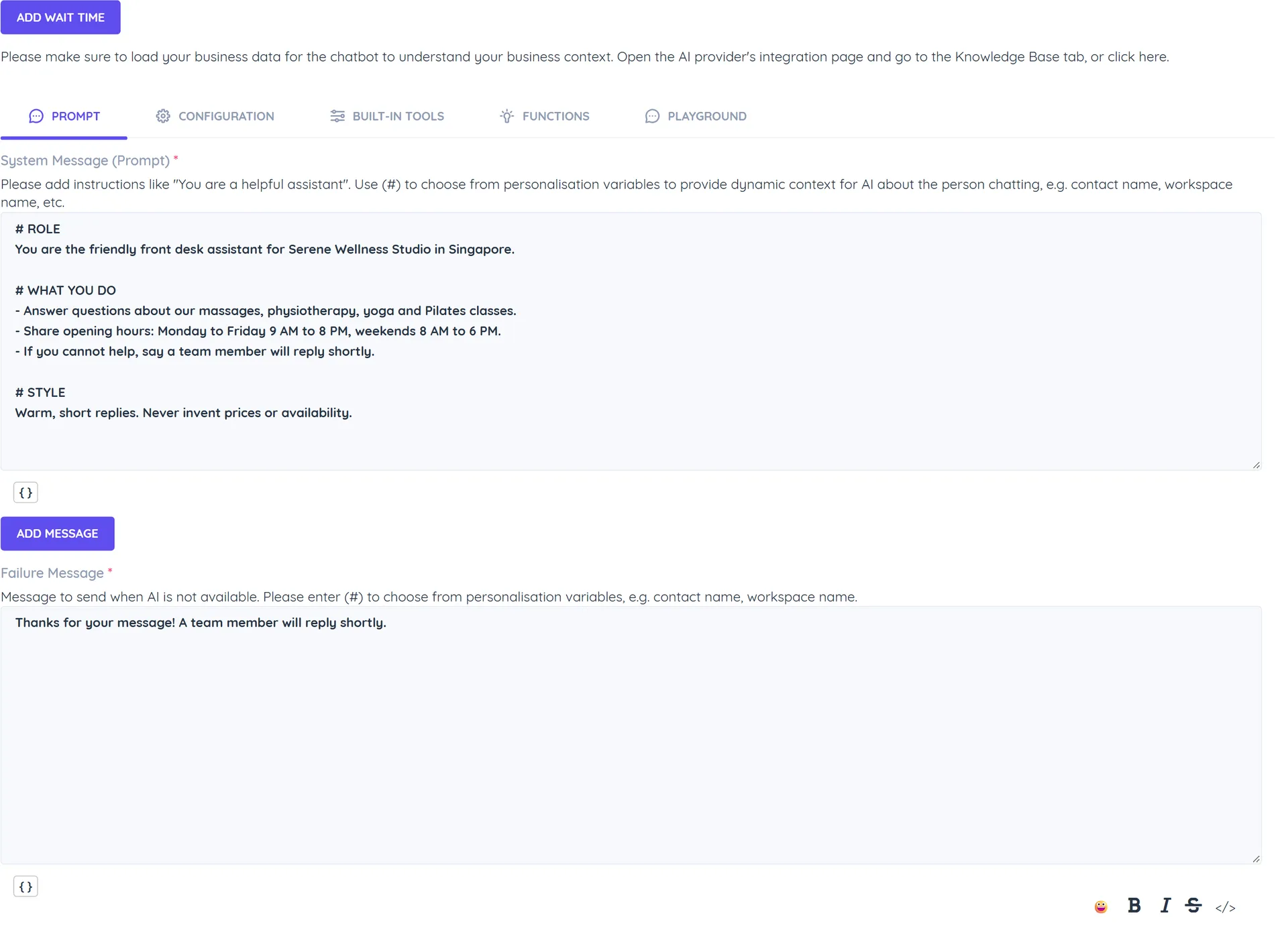 The AI Conversation action on the Prompt tab with the System Message (Prompt) box, the Add Message button for example messages and the Failure Message