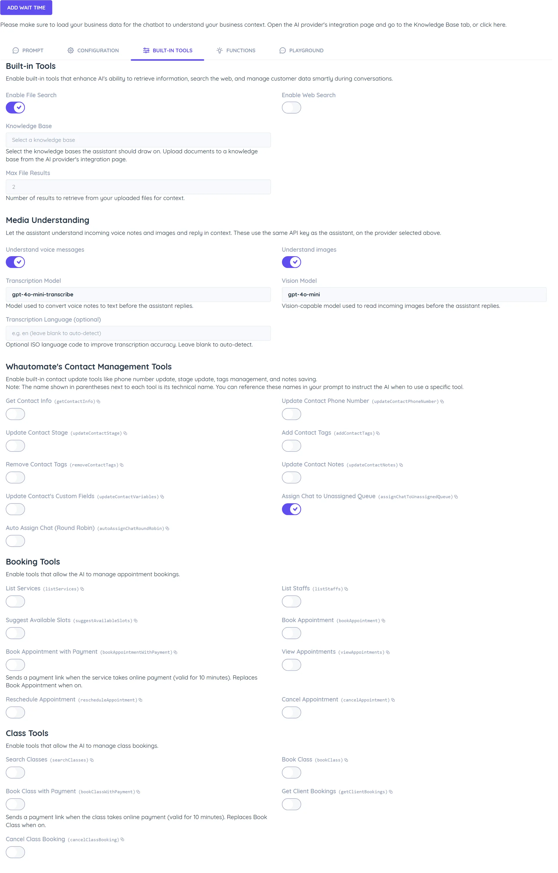 The Built-in Tools tab of the AI Conversation action with Enable File Search on, the Knowledge Base picker, voice and image understanding on, Assign Chat to Unassigned Queue on, and the contact management, booking and class tool switches