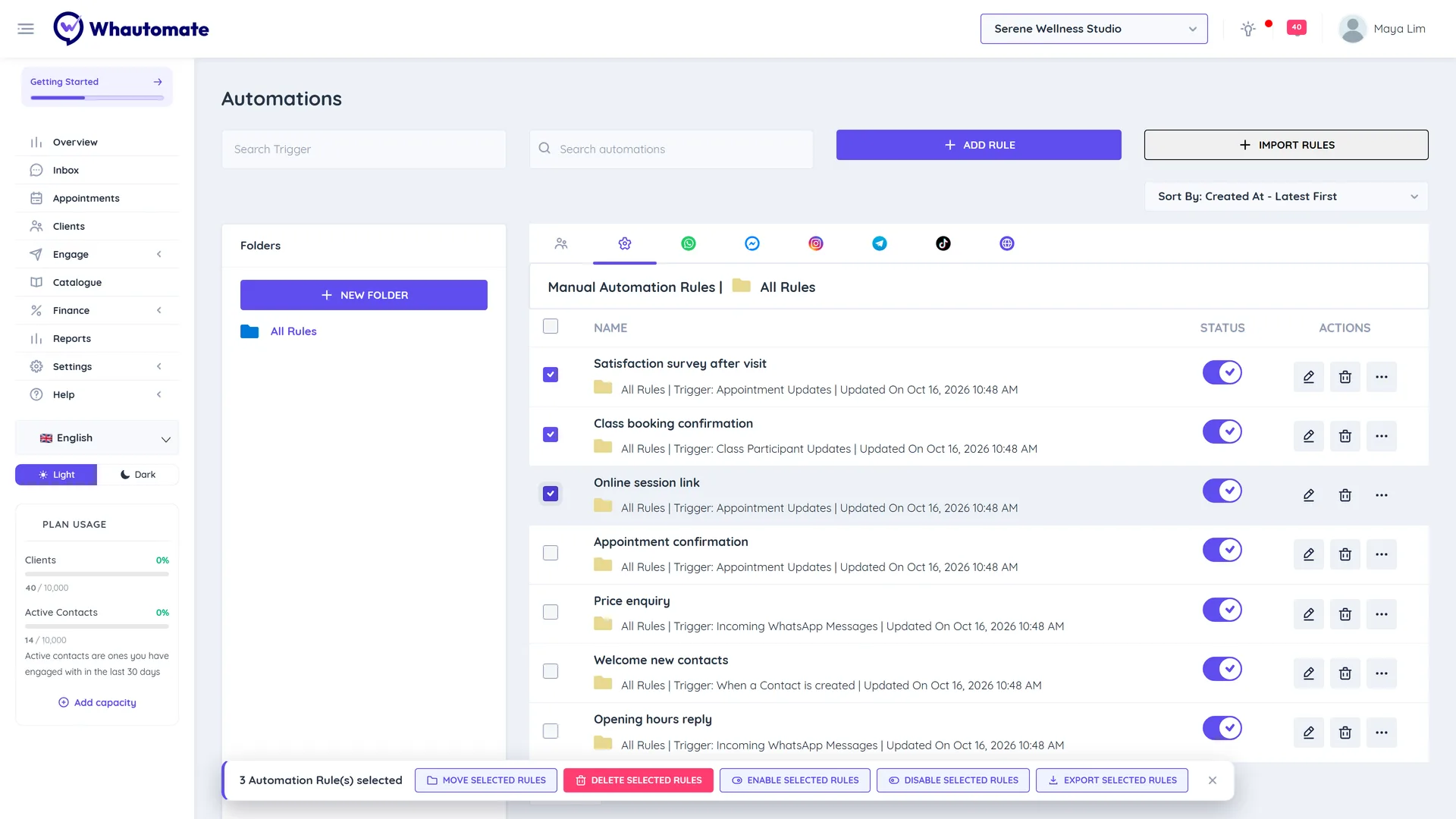 Three automation rules selected on the Automations page with the bulk action bar showing Move, Delete, Enable, Disable and Export Selected Rules