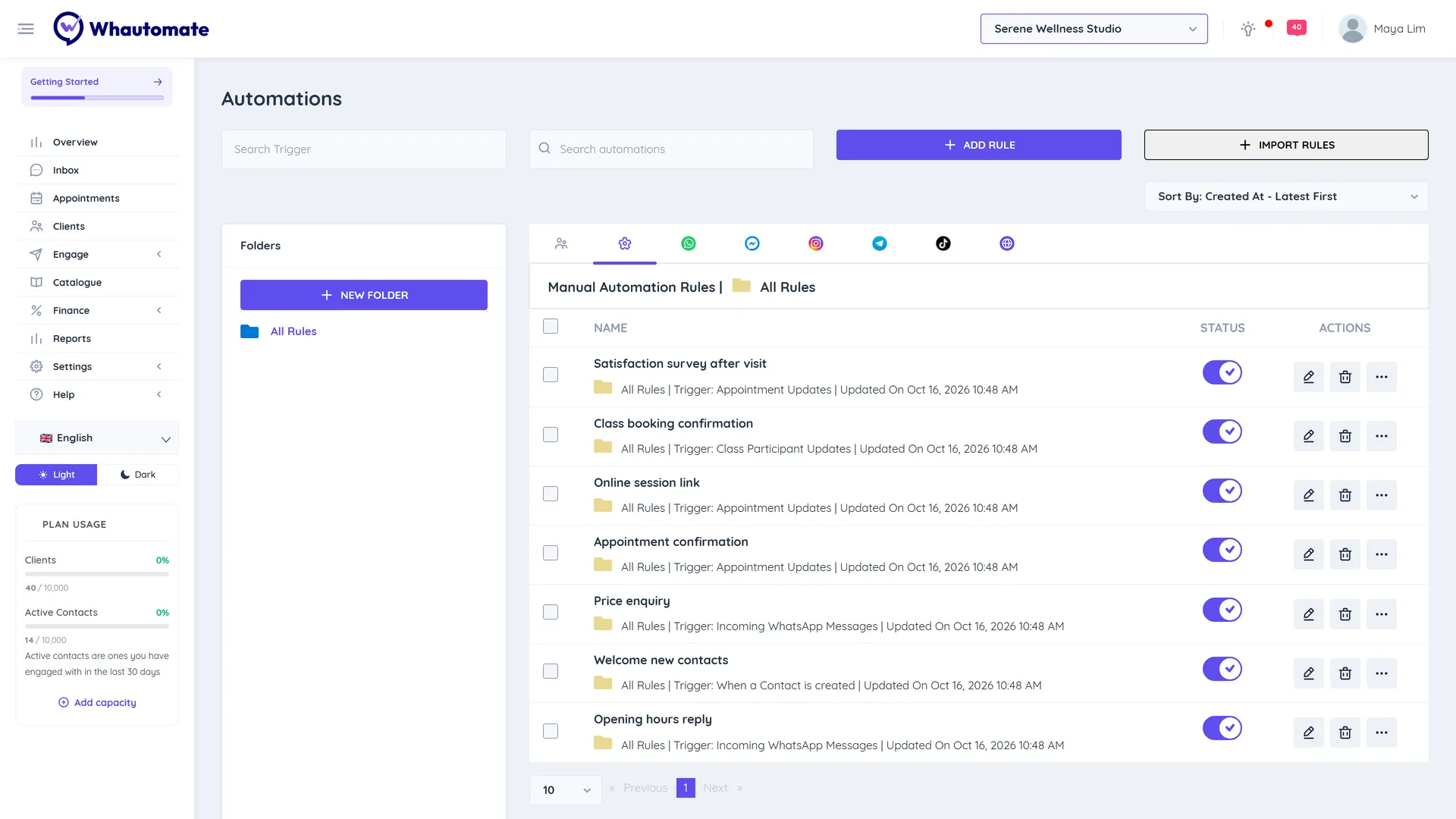 The Automations page on the Manual tab with the channel tabs, folders on the left, the rule list with status switches, and the Add Rule and Import Rules buttons