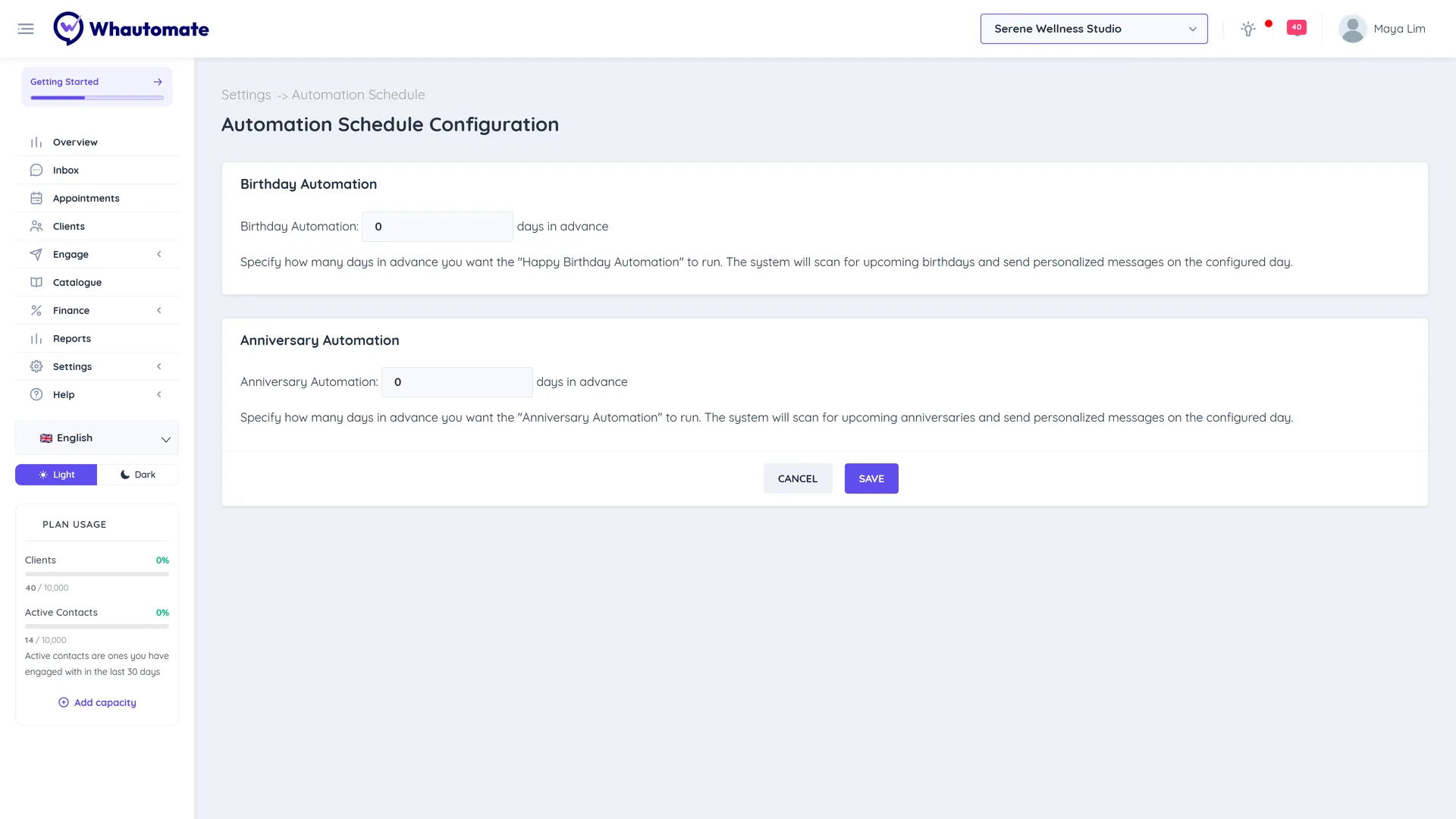 The Automation Schedule Configuration page with Birthday Automation and Anniversary Automation, each with a days in advance box