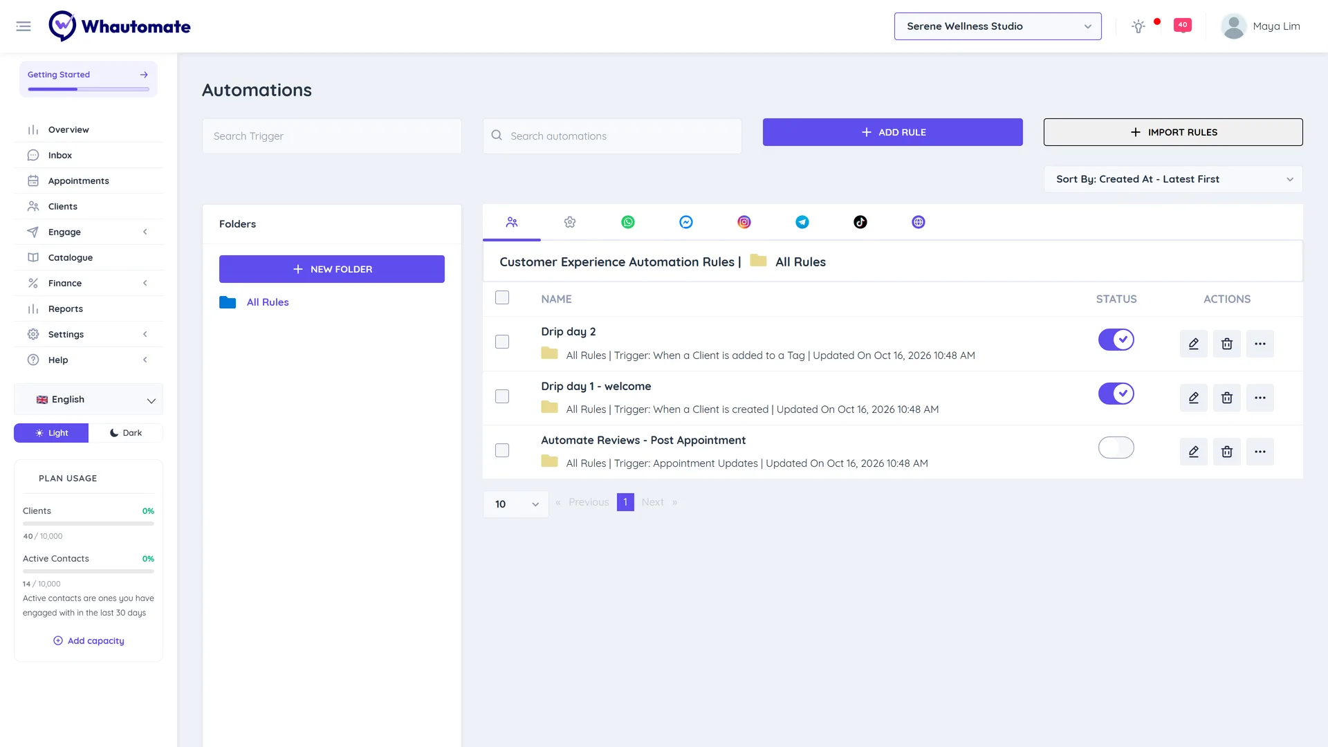 The Customer Experience tab of the Automations page listing the Drip day 1 - welcome and Drip day 2 rules, both switched on