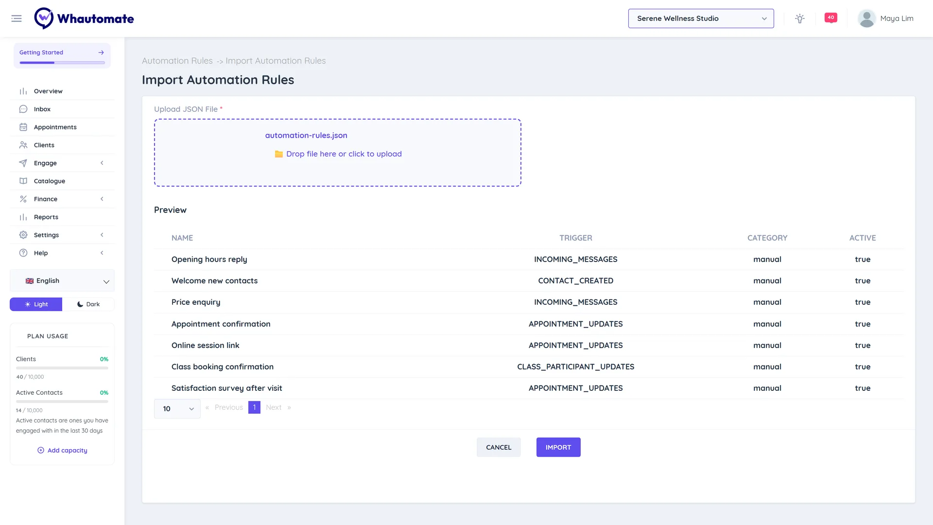 The Import Automation Rules page with an uploaded JSON file and the Preview table listing rule names, triggers, categories and active status