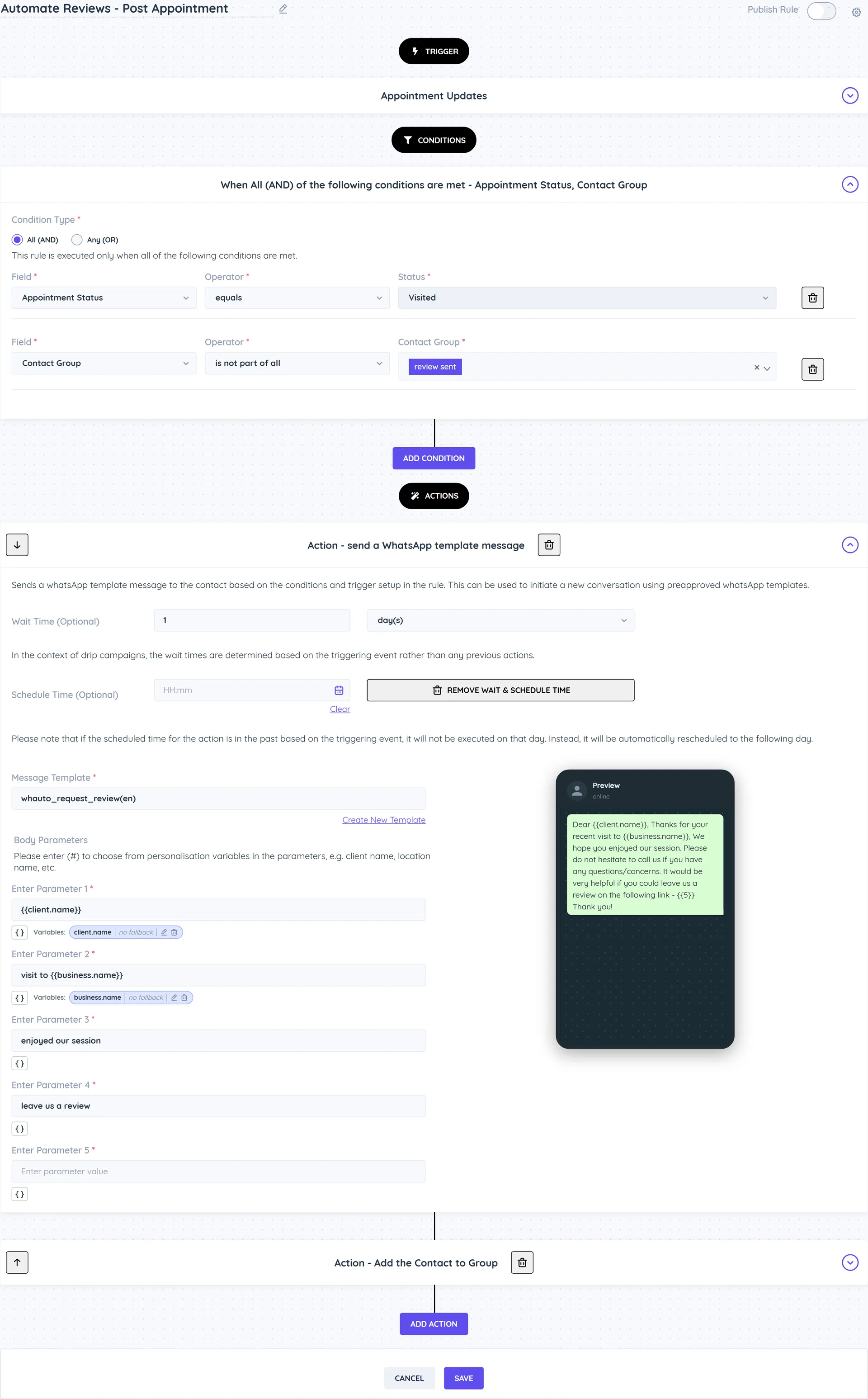 The Automate Reviews - Post Appointment rule as installed, switched off: Appointment Updates trigger, conditions Appointment Status equals Visited and Contact Group is not part of all review sent, a whauto_request_review template action with a wait time of 1 day, and an Add the Contact to Group action