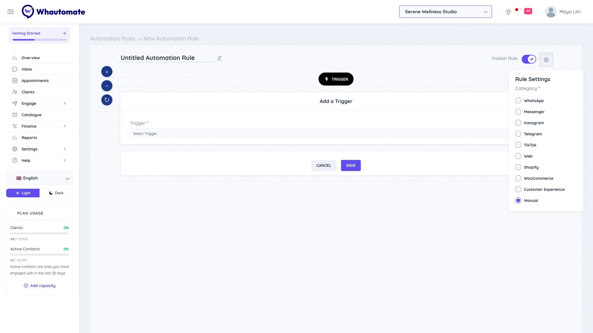 A new automation rule in the editor with the name field, the Publish Rule switch, the Rule Settings category list and the Add a Trigger section