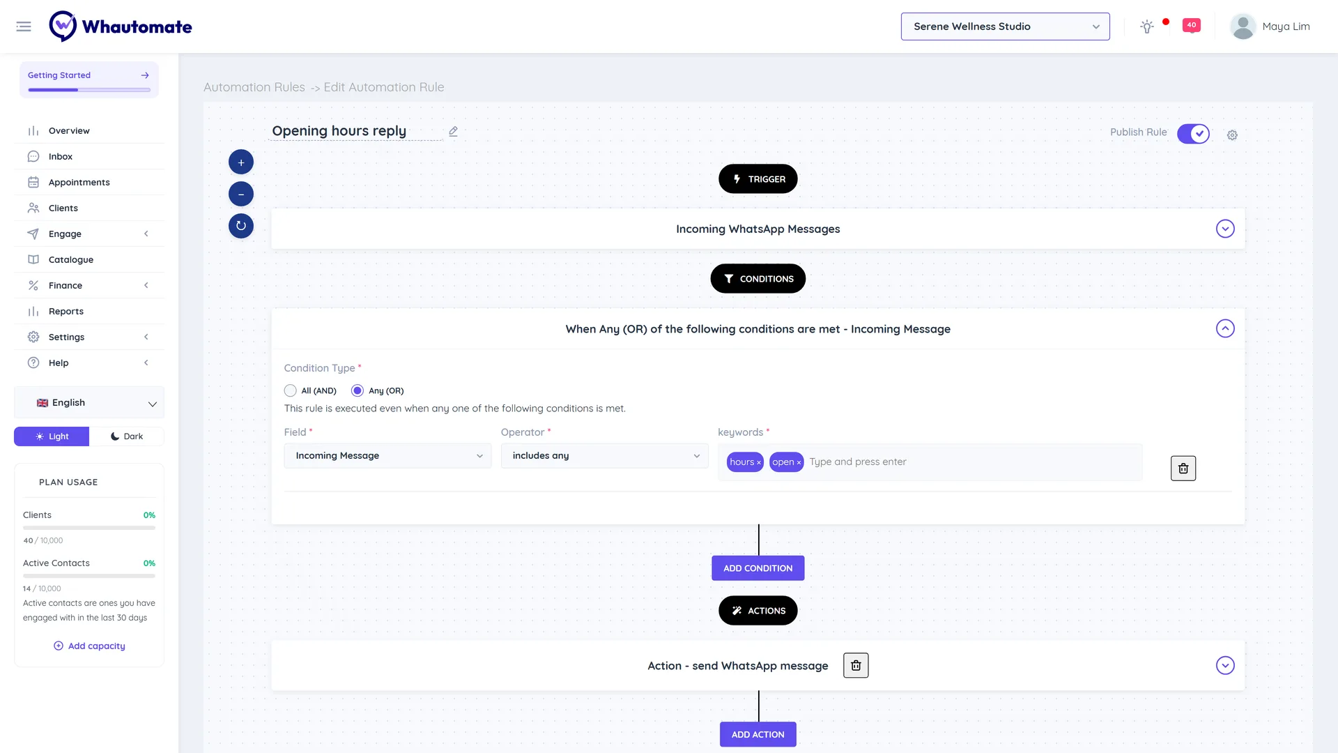 The automation rule editor for the Opening hours reply rule, showing the Trigger section, the Any (OR) Incoming Message includes any hours, open condition and the start of the Actions section, with the Publish Rule switch at the top