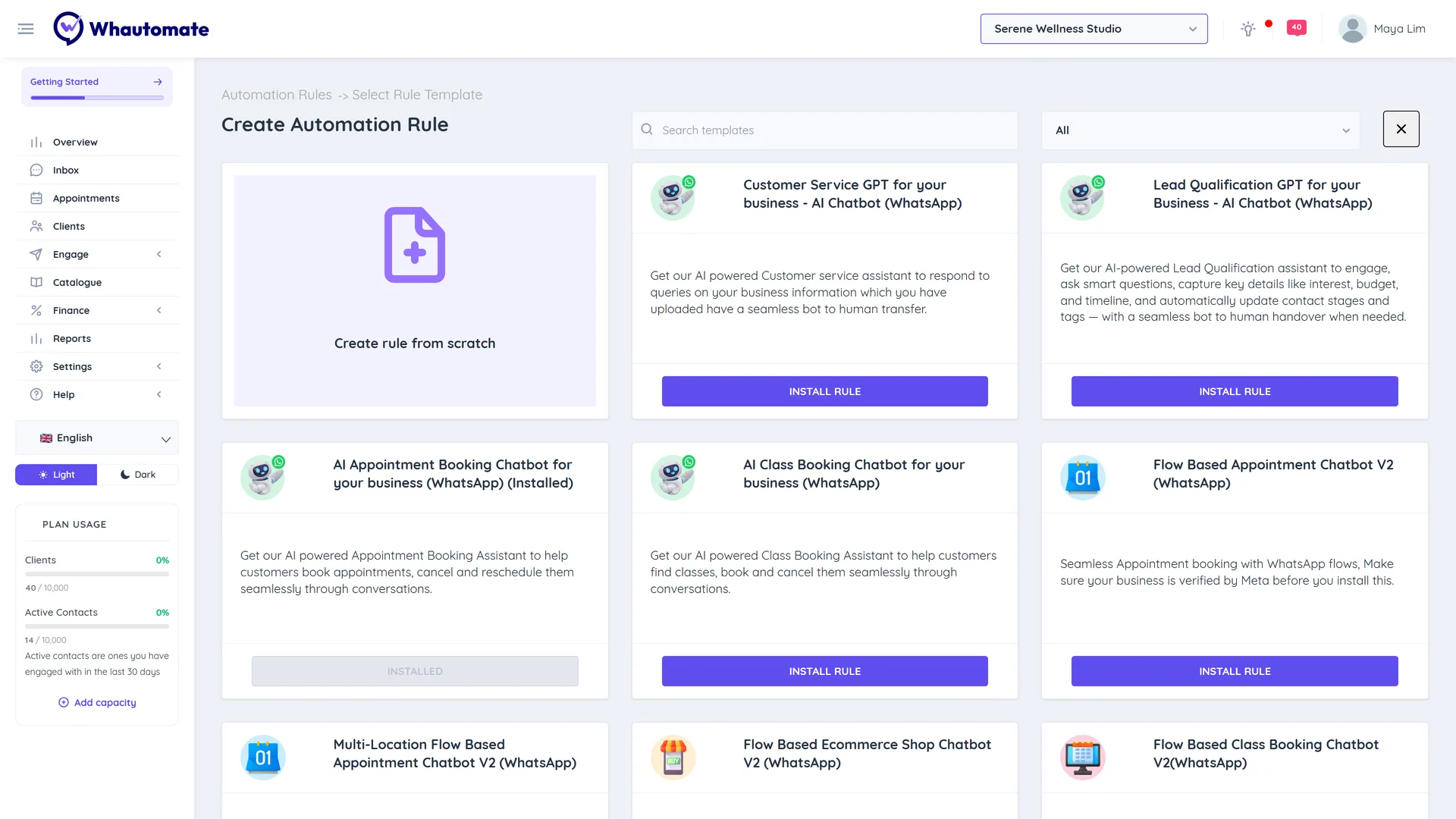 The Create Automation Rule page with the Create rule from scratch card and template cards with Install Rule buttons; an installed template shows Installed