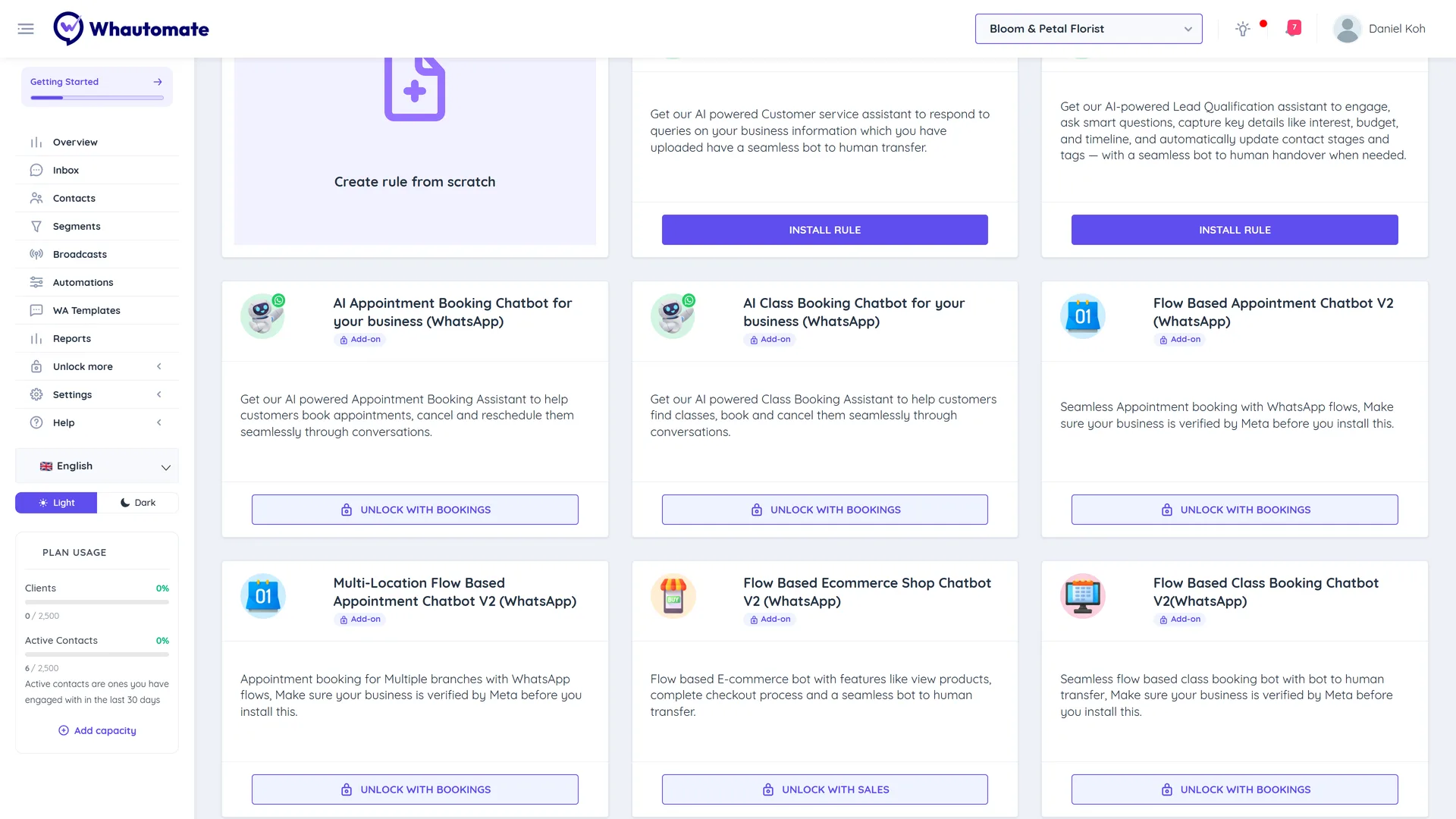 Template cards on an Engage plan account with the AI Appointment Booking Chatbot showing an Add-on badge and an Unlock with Bookings button