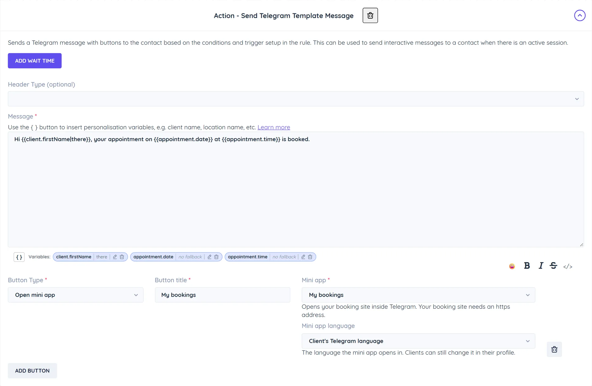 A Send Telegram Template Message action with a button of type Open mini app opening My bookings, with the Mini app language set to the client's Telegram language