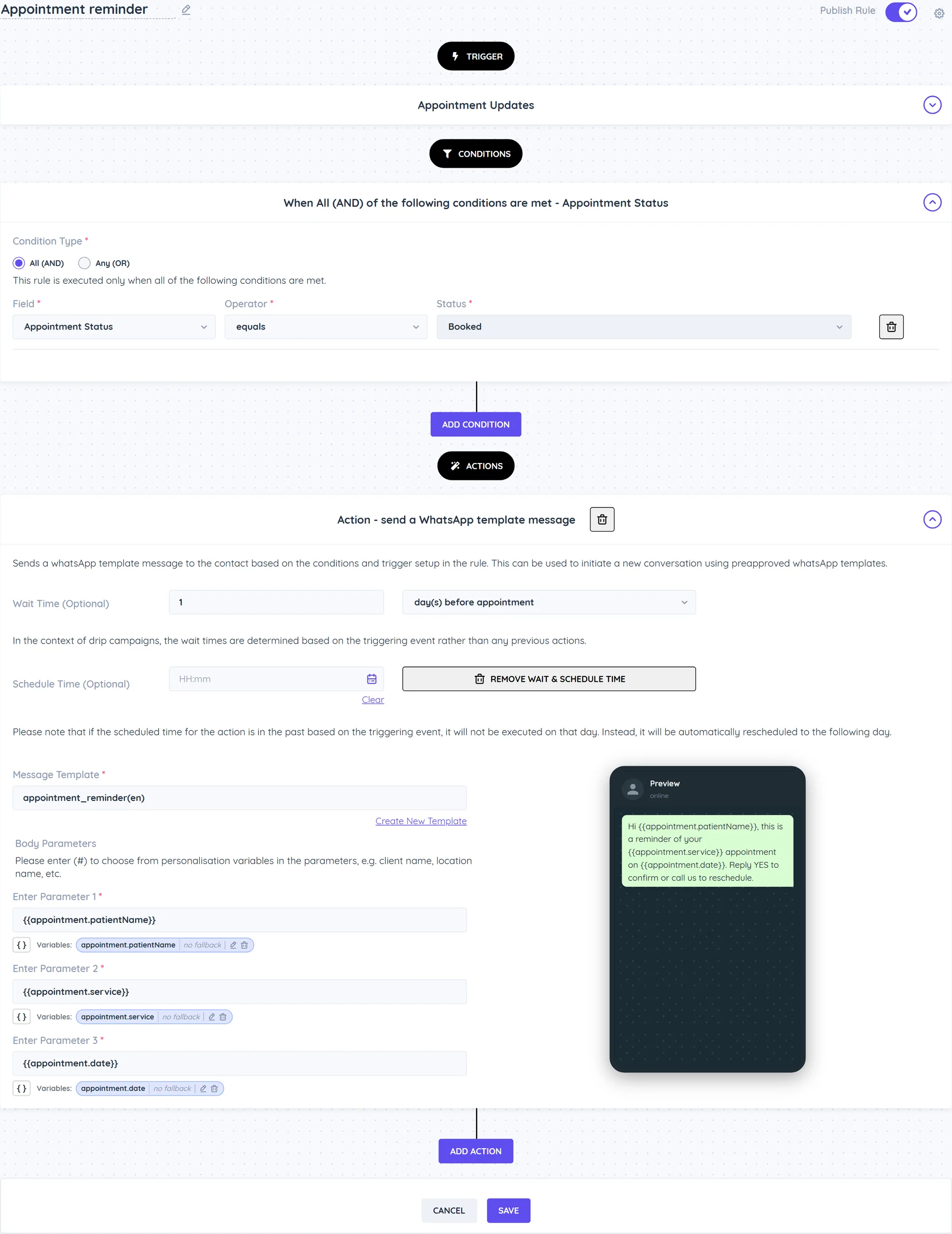 A rule with the Appointment Updates trigger, an Appointment Status equals Booked condition and a send a WhatsApp template message action set to 1 day before appointment