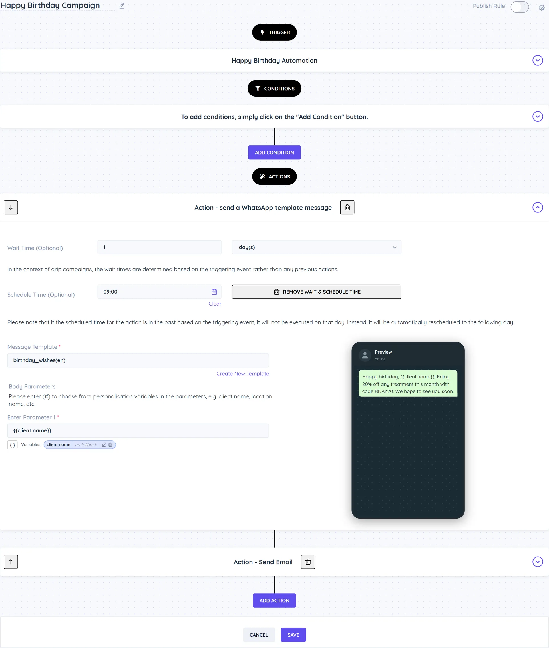 The Happy Birthday Campaign rule as installed, switched off: Happy Birthday Automation trigger, a send a WhatsApp template message action using a birthday template with a wait time of 1 day and a schedule time of 09:00, and a collapsed Send Email action