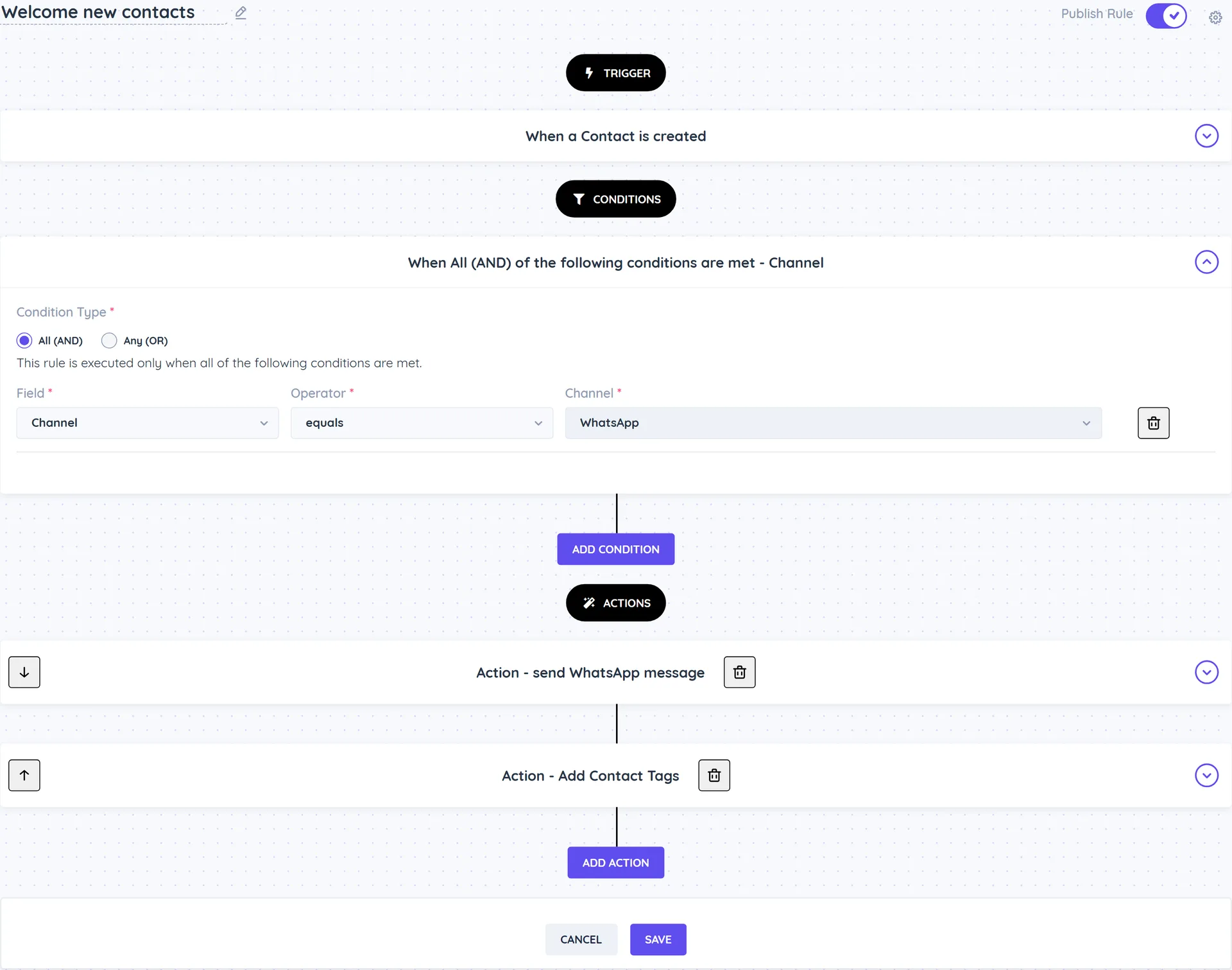 The Welcome new contacts rule with the When a Contact is created trigger, the condition Channel equals WhatsApp, and two actions: send WhatsApp message and Add Contact Tags