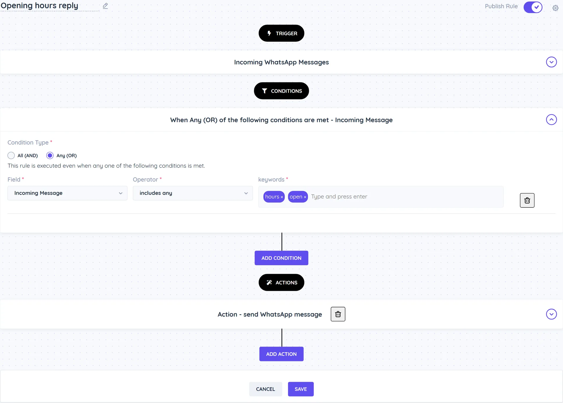 The Opening hours reply rule with the Incoming WhatsApp Messages trigger, an Incoming Message includes any hours, open condition and a send WhatsApp message action