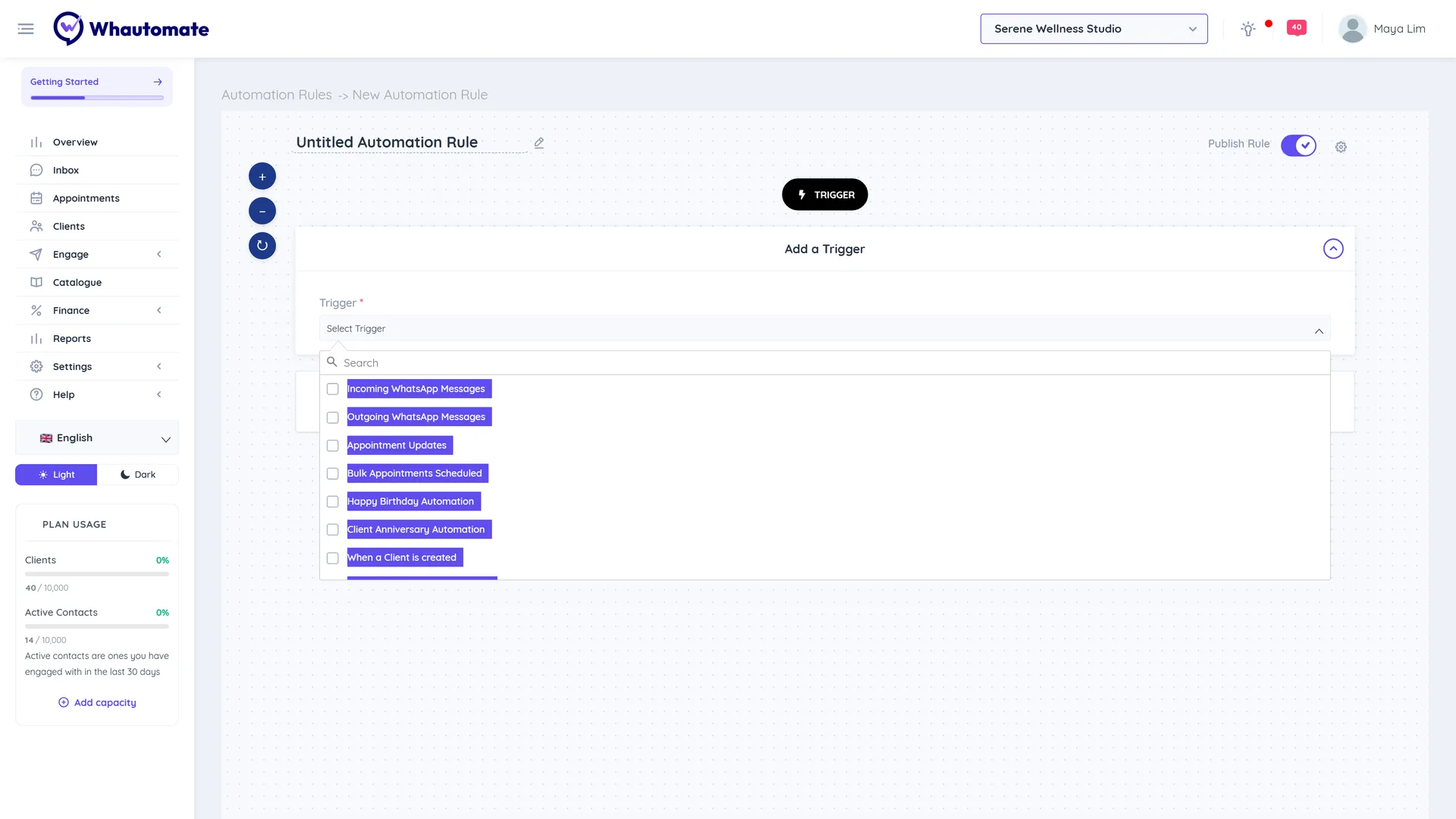 The Trigger dropdown on a new automation rule listing Incoming WhatsApp Messages, Outgoing WhatsApp Messages, Appointment Updates and other triggers
