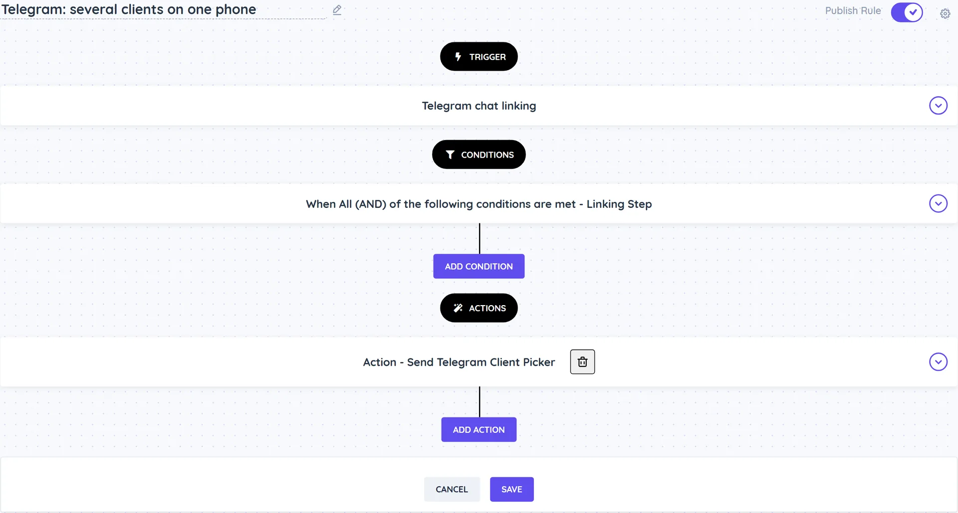 A rule with the Telegram chat linking trigger, a Linking Step is part of any Several clients have this phone condition and a Send Telegram Client Picker action
