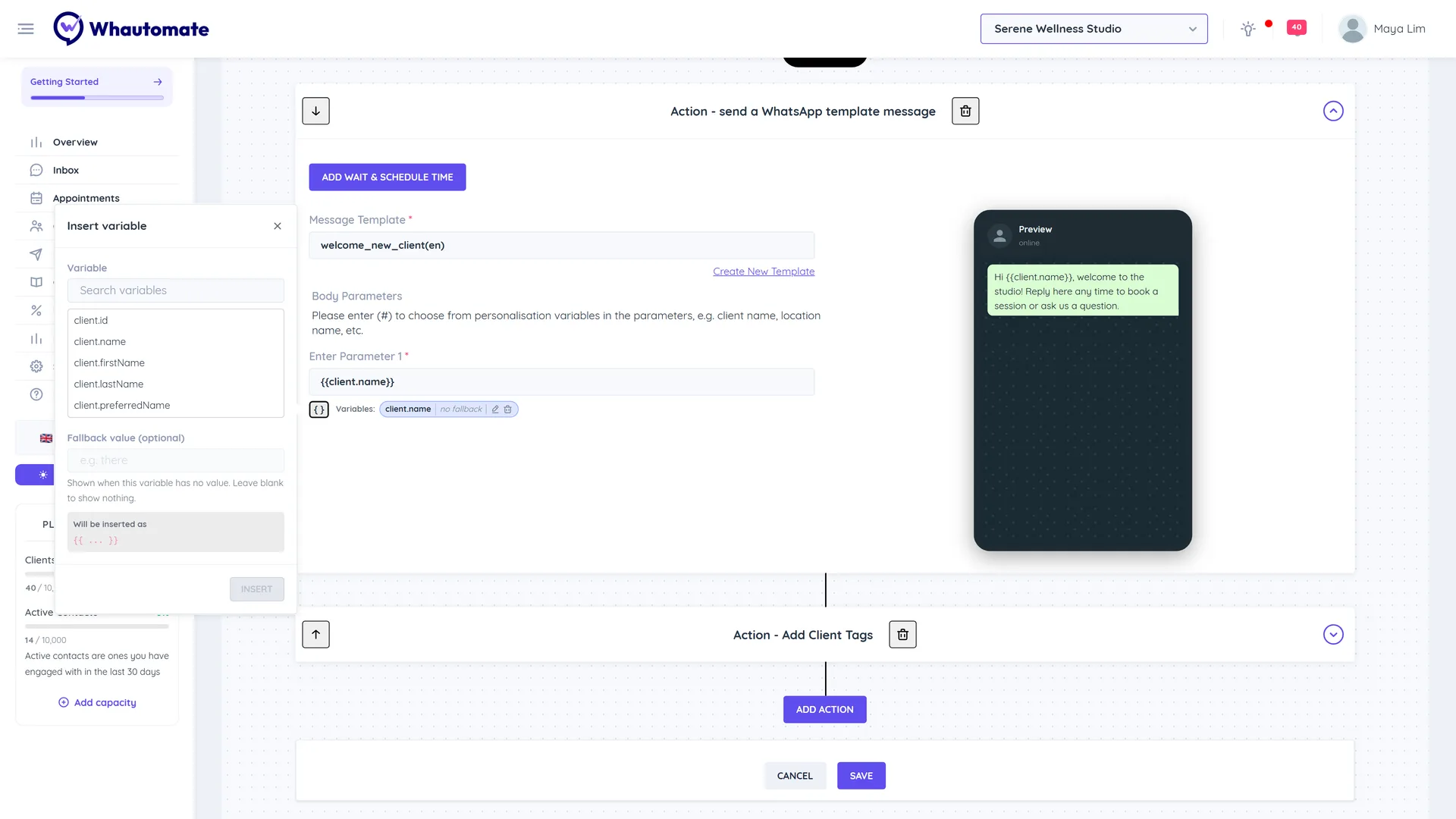 The Insert variable list open under a template body parameter, with client variables such as client.name and client.firstName, a Fallback value field and the Insert button