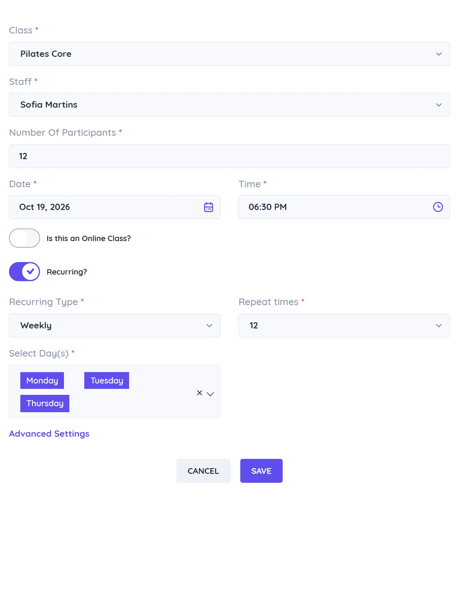 Add new Class form with class, staff, number of participants, date, time, the online class toggle and the Recurring weekly options