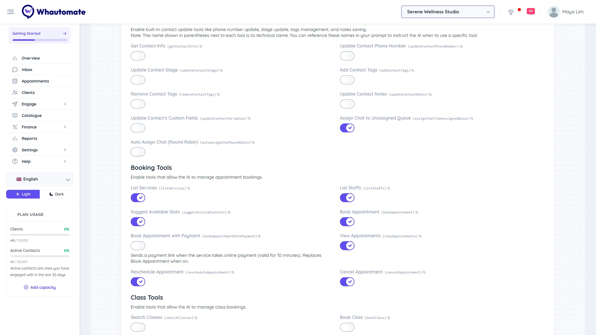 AI Conversation action with the Booking Tools section listing tools such as Suggest Available Slots, Book Appointment and Cancel Appointment