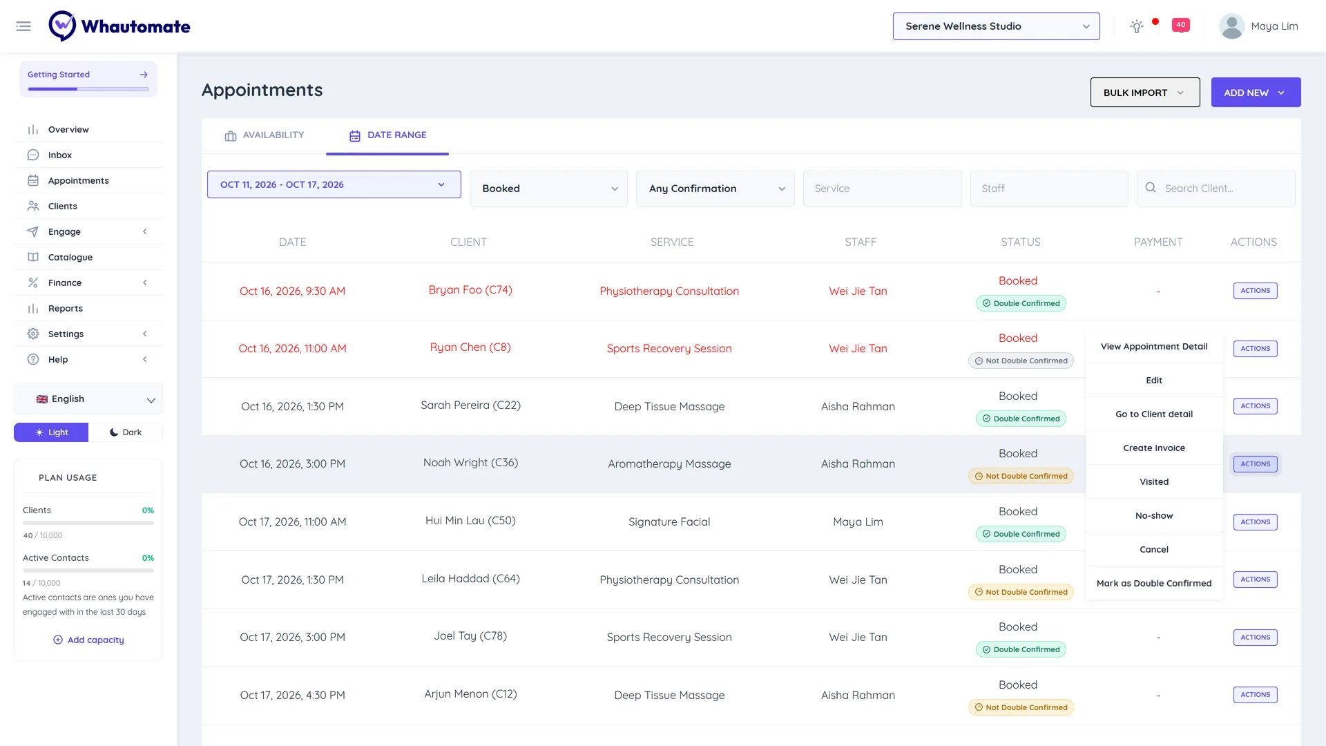Actions menu for a booked appointment in the Date Range list listing View Appointment Detail, Edit, Go to Client detail, Create Invoice, Visited, No-show, Cancel and Mark as Double Confirmed