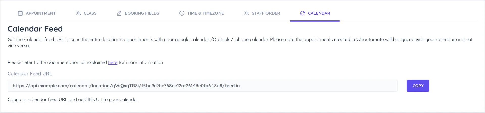 Calendar tab of Appointment Settings with the location's Calendar Feed URL and a Copy button