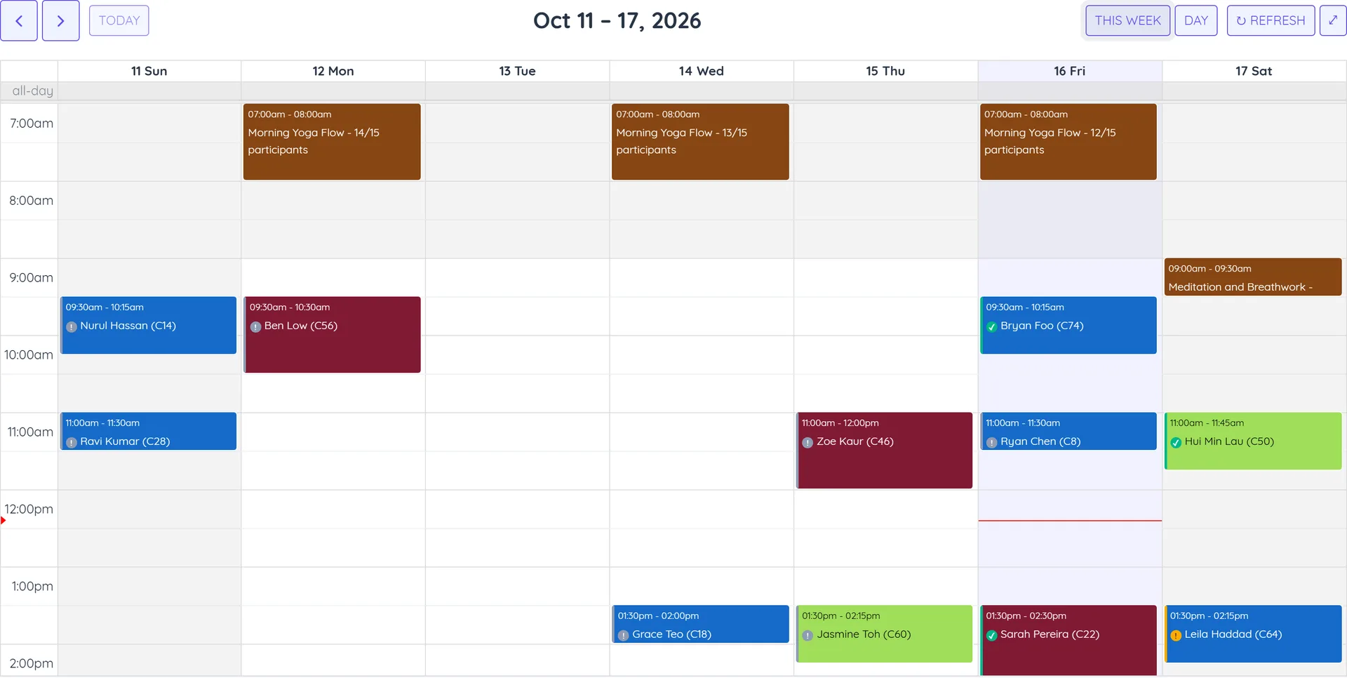 Appointments calendar in week view with class sessions and client appointments shown in each team member's calendar colour