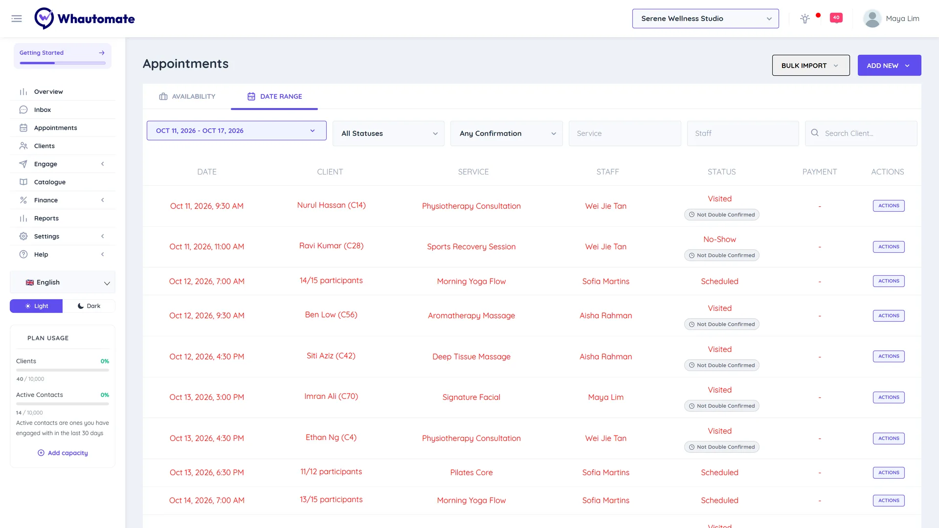 Date Range list of this week's appointments with status, payment and actions columns
