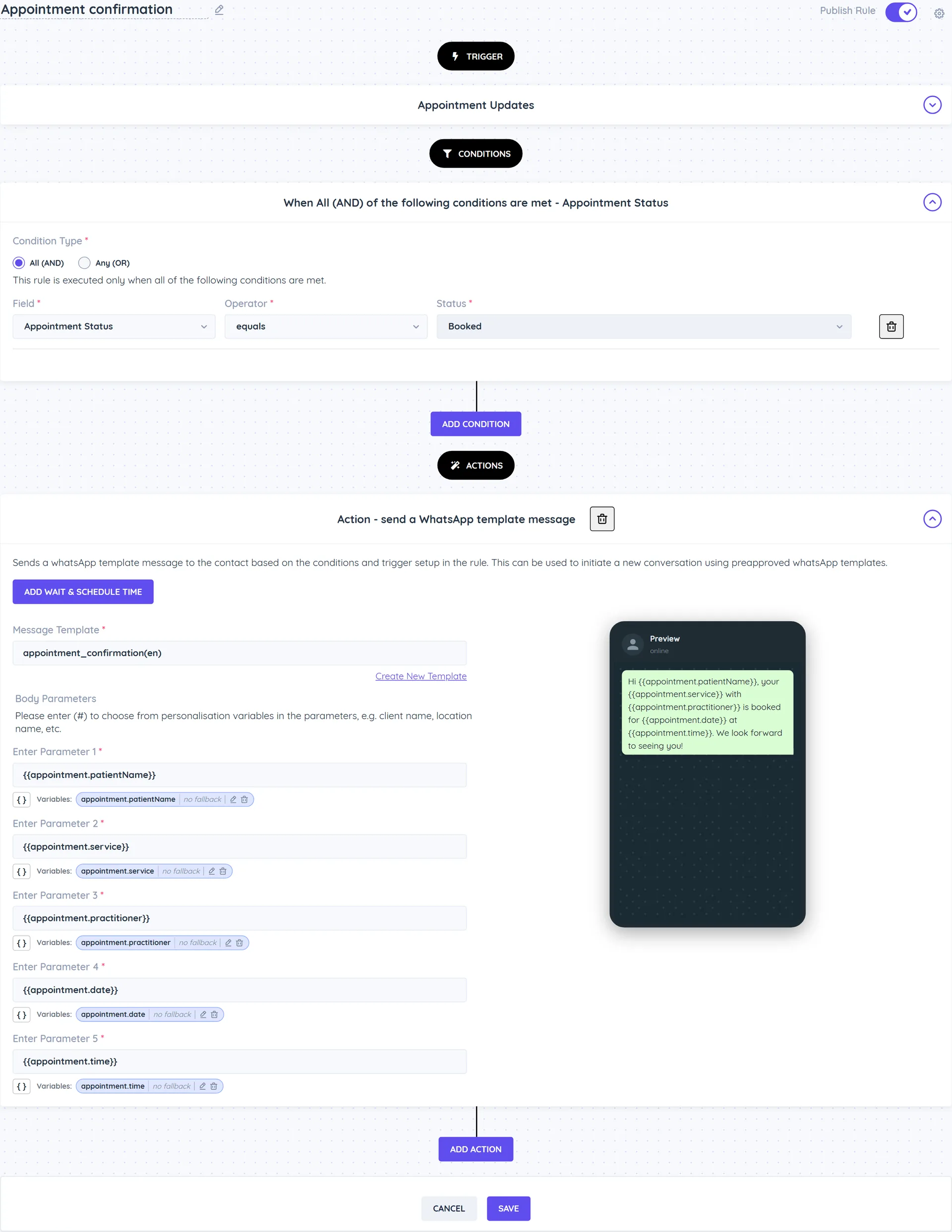 Automation rule with the Appointment Updates trigger, an Appointment Status equals Booked condition and a send a WhatsApp template message action