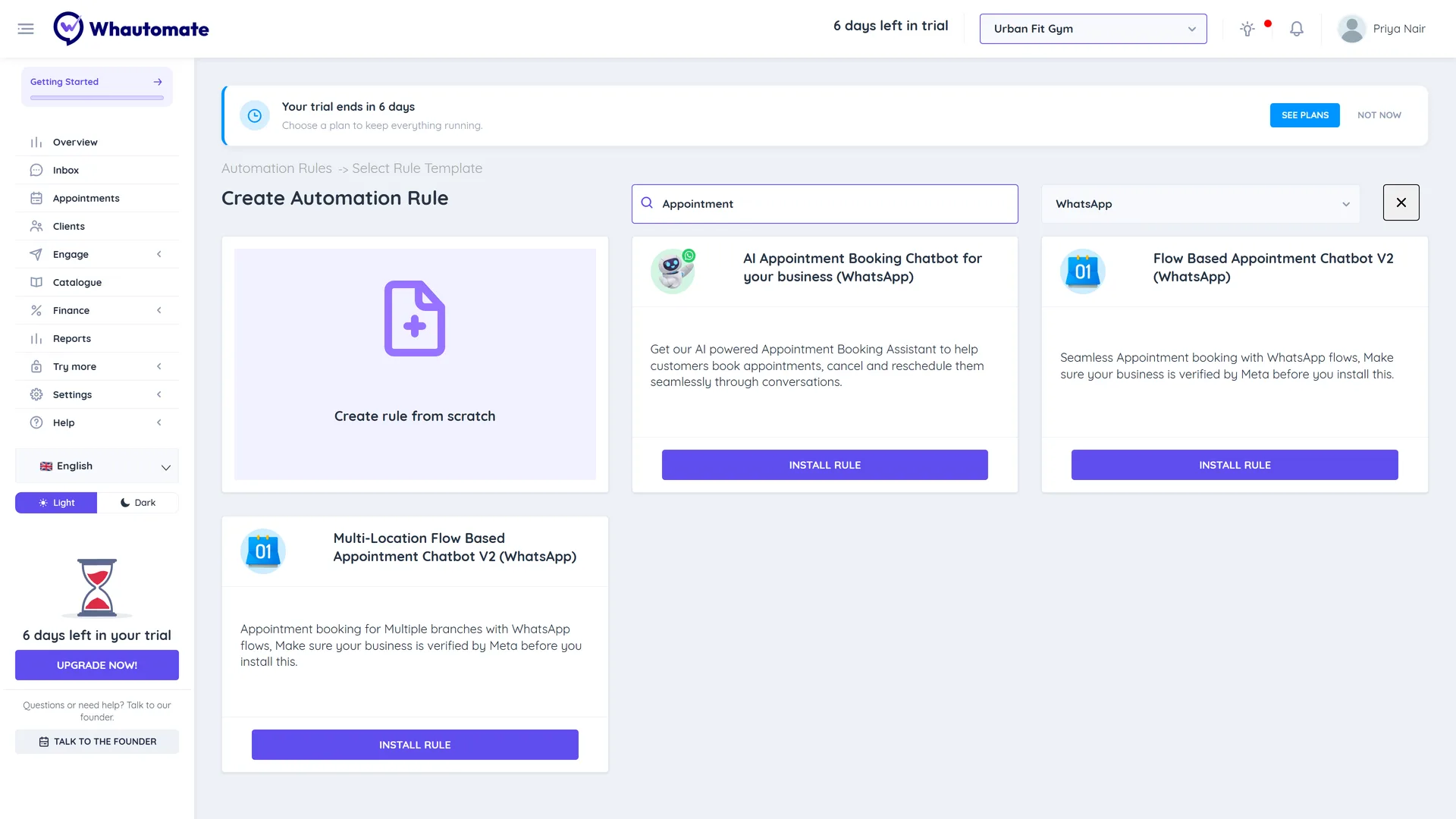 Create Automation Rule screen filtered to WhatsApp and searched for appointment, showing Flow Based Appointment Chatbot V2 (WhatsApp) with an Install Rule button