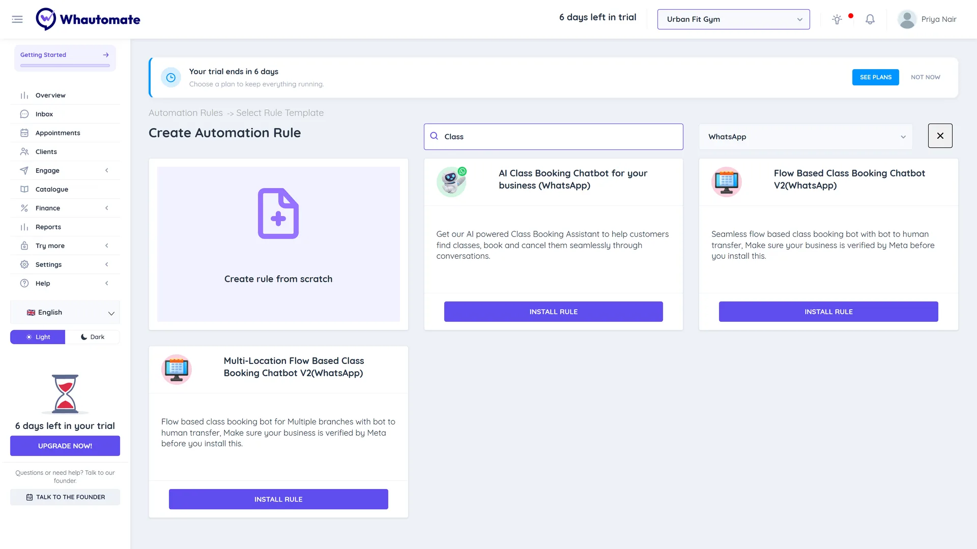 Create Automation Rule screen filtered to WhatsApp and searched for class, showing Flow Based Class Booking Chatbot V2 (WhatsApp) with an Install Rule button