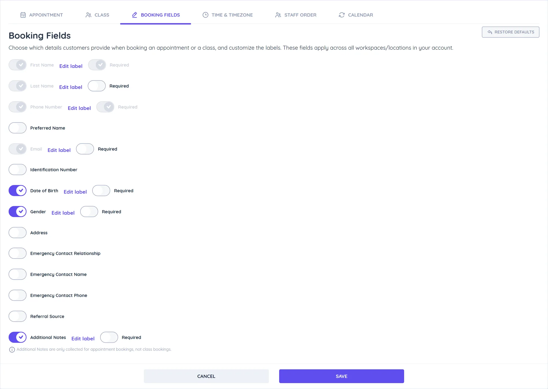 Booking Fields tab listing fields such as First Name, Phone Number, Email and Date of Birth with on/off toggles, Required toggles and Edit label links