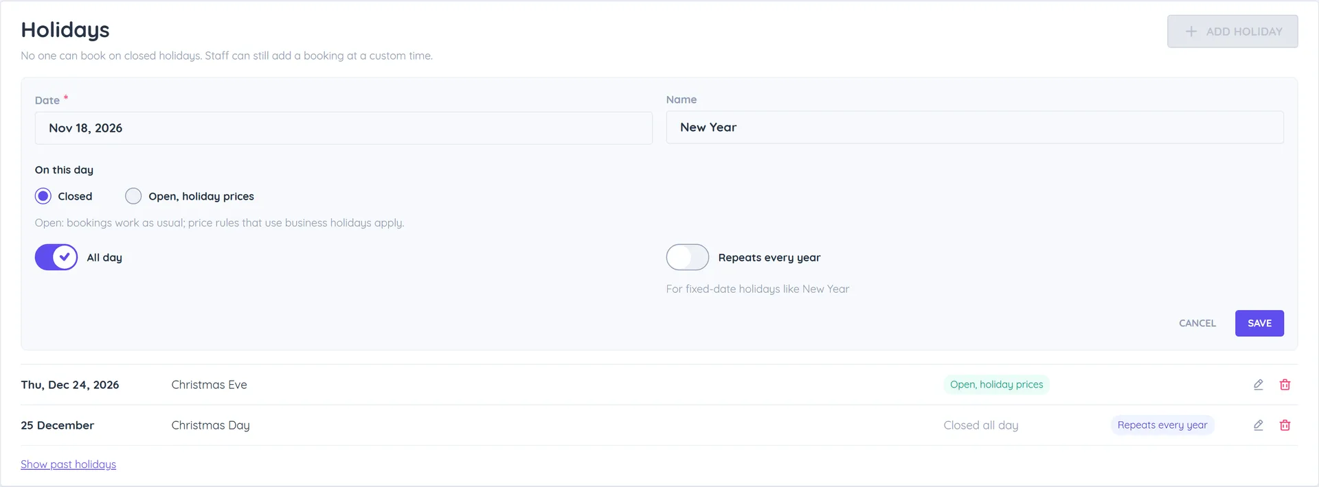 Holidays tab with the holiday editor open: date, name New Year, On this day set to Closed, All day and Repeats every year switched on