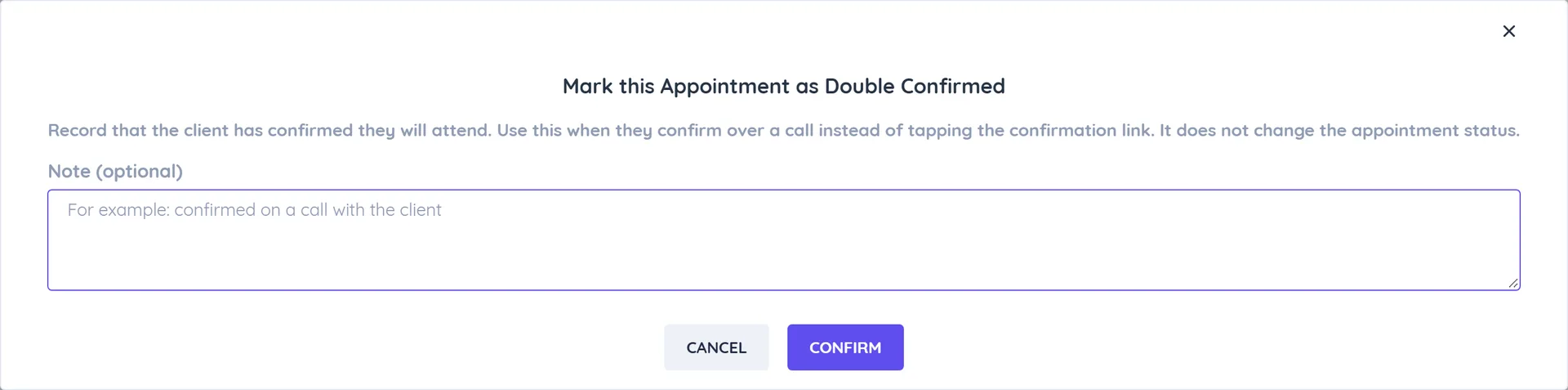 Mark this Appointment as Double Confirmed dialog with an optional note field