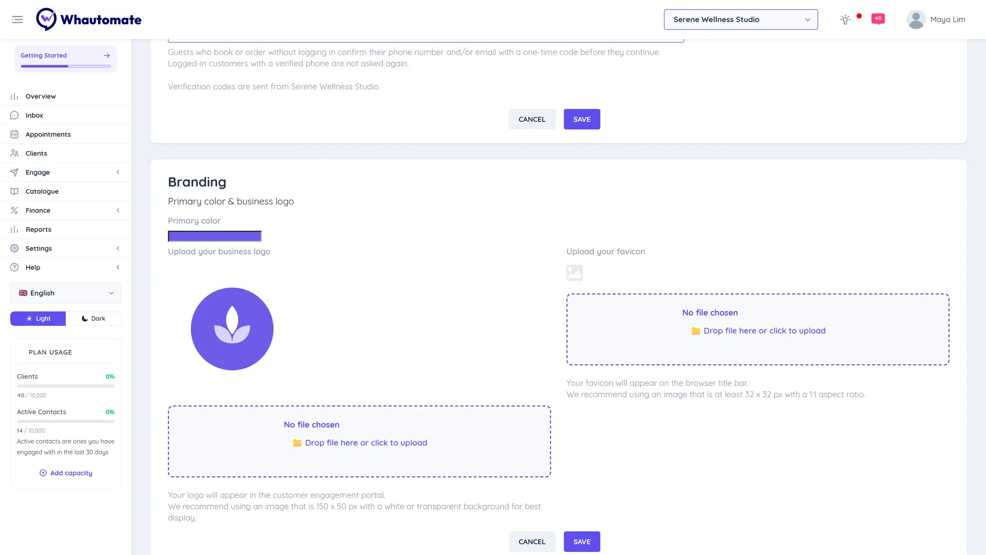 Manage Sections tab with Confirm guest contact details set to Phone number (WhatsApp, SMS as backup) and the Send verification codes from location