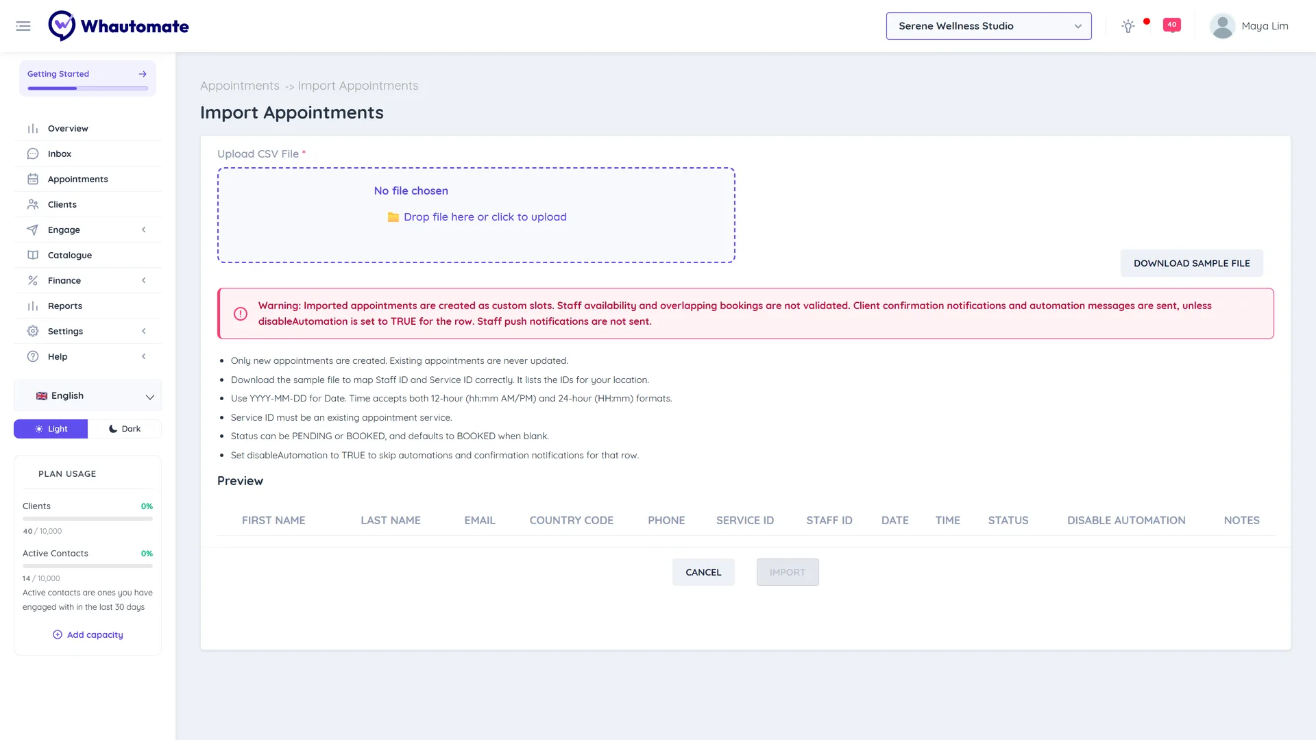 Import Appointments screen with the Upload CSV File field, Download Sample file button and import rules