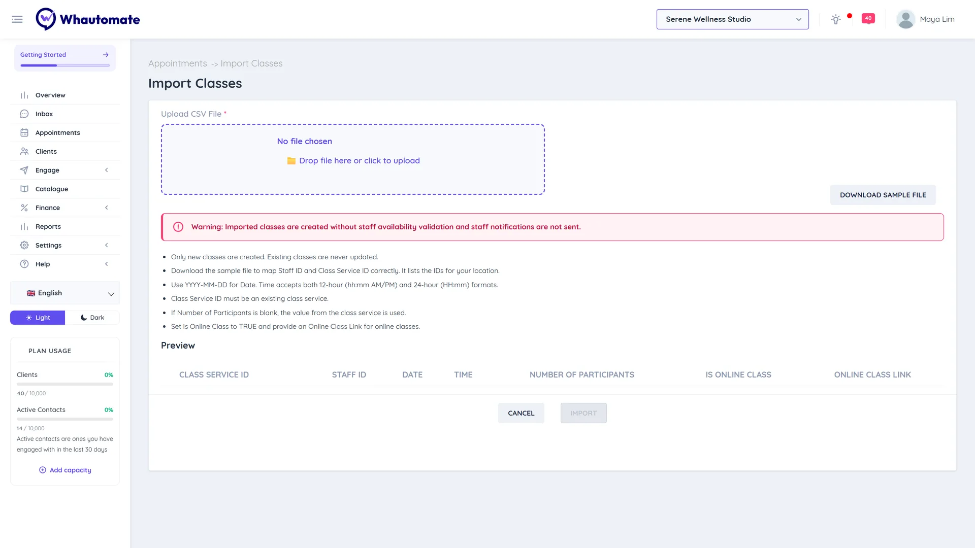 Import Classes screen with the Upload CSV File field, Download Sample file button and import rules