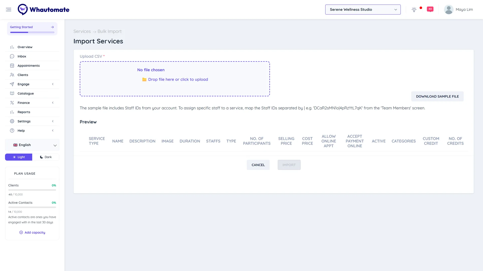 Import Services screen with the Upload CSV field, Download Sample file button and the empty Preview table with its column headings