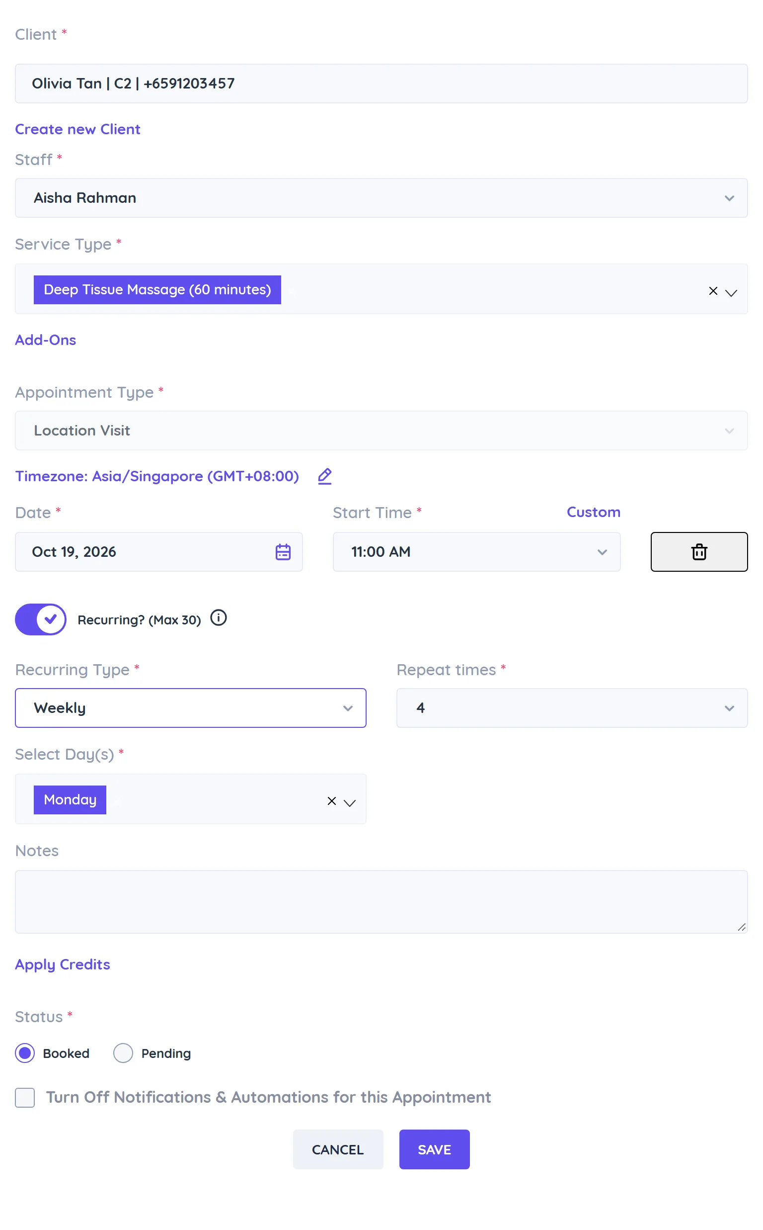 New Appointment form with client, staff, service, add-ons, date, start time slots, recurring toggle and status