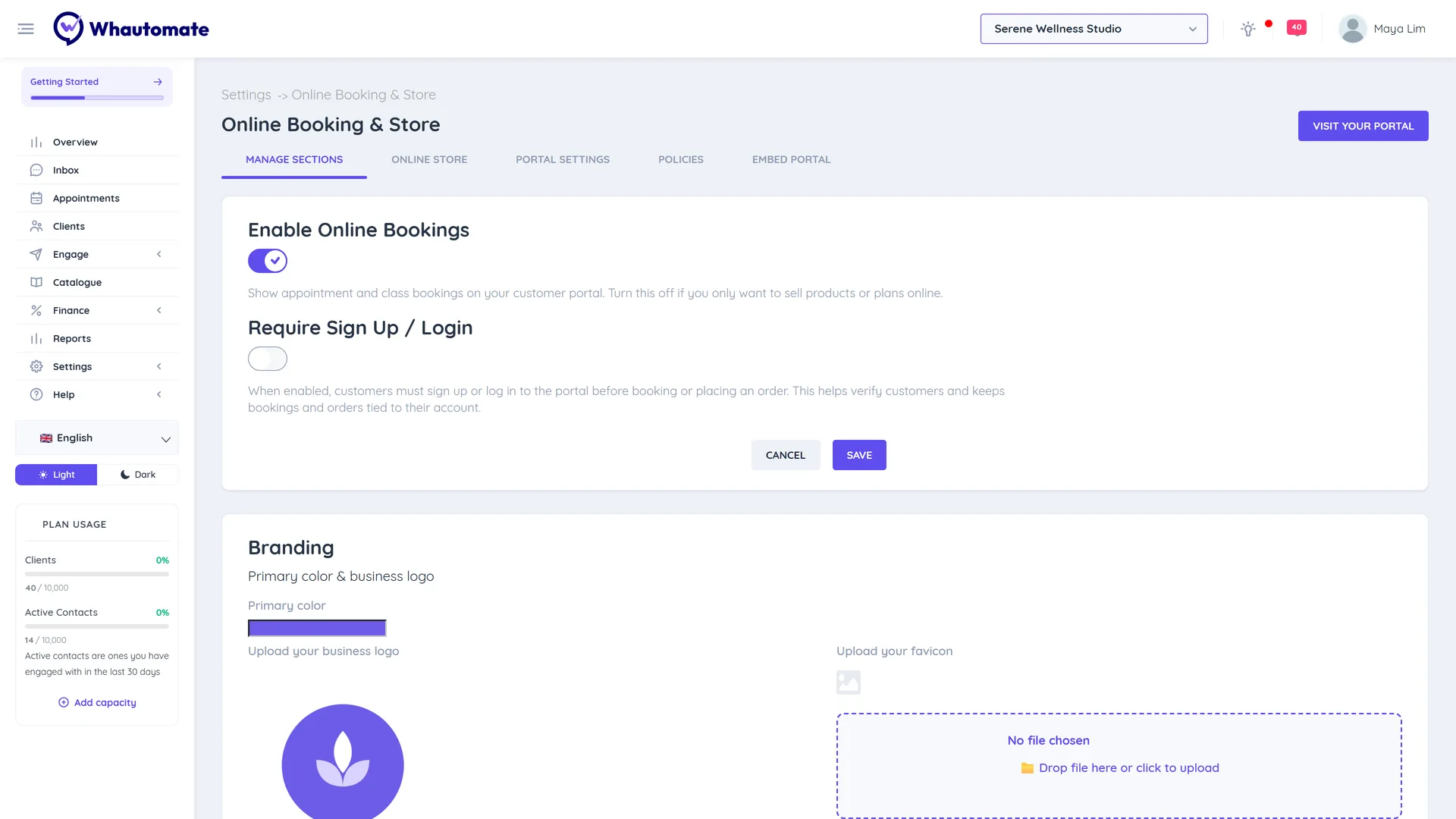 Online Booking and Store settings on the Manage Sections tab with Enable Online Bookings, Require Sign Up / Login and the Branding card
